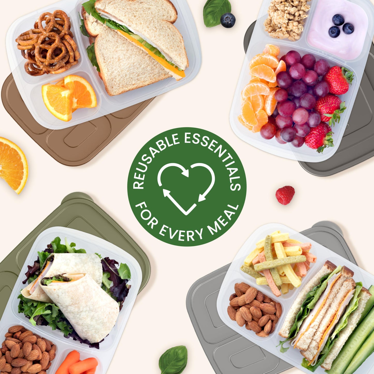 Bentgo Easyboxes - Original Stackable Lunch Boxes - Reusable 3-Compartment Food Containers for Kids and Adults - Bento Lunch Box for Meal Prep, School, & Work - BPA Free, (Earth Tones (4-Pack))