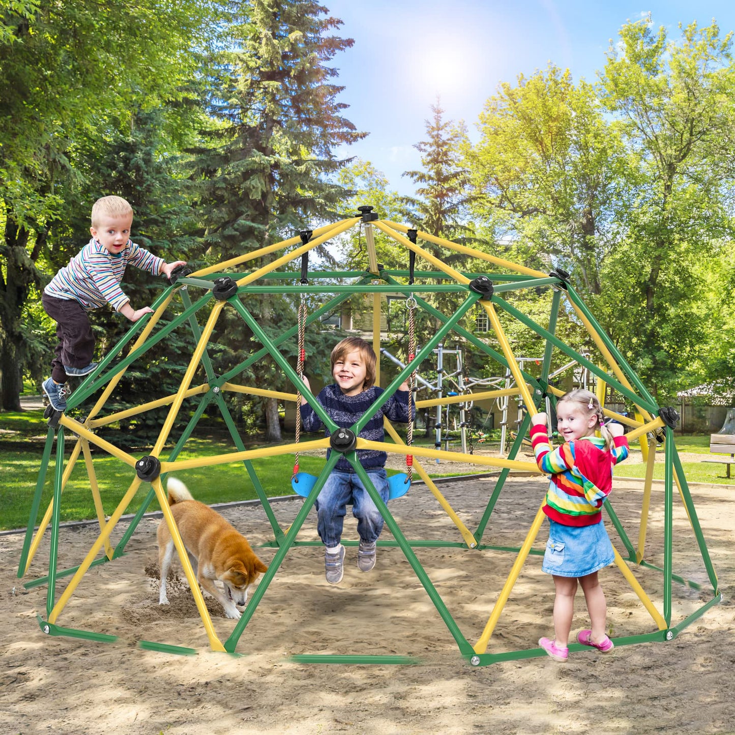 GIKPAL Climbing Dome, 10FT Dome Climber with Hammock for Kids 3 to 10 Outdoor Play Equipment, Supports up to 1000lbs Jungle Gym, Anti-Rust, Easy Assembly, Yellow+Green