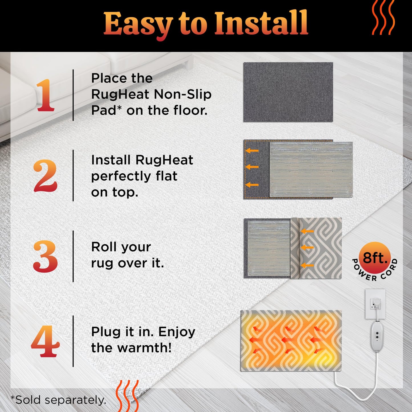 RugHeat Portable Heated Floor Mat, Small (22x34 inches) Fits under a 2' x 3' Rug, Foot Warmer Under-Rug Pad for Heated Rug, Electric Radiant Floor Heater for Area Rugs