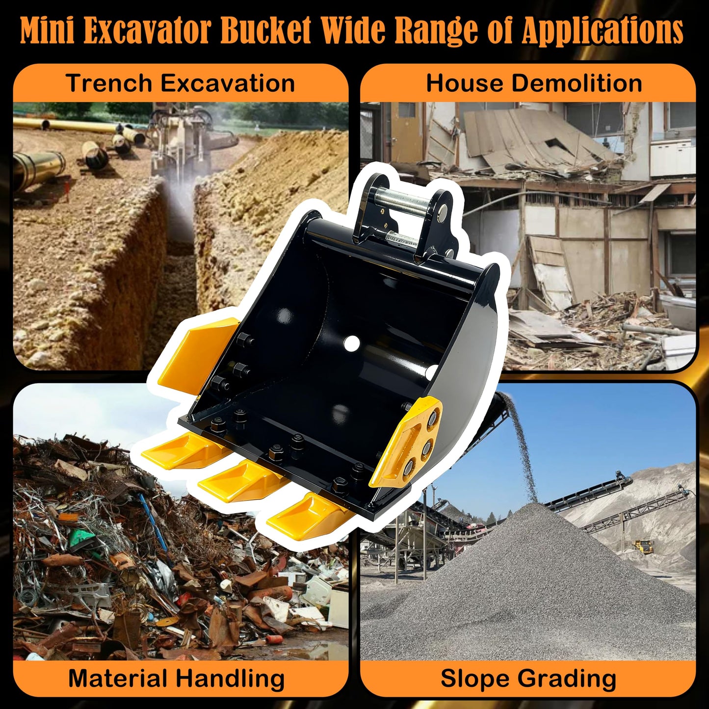 Mini Excavator Bucket 300mm with 0.98in Hole & 3.54in Span, 11.81in Trench Digger with Metal Teeth for 0.8-1.8 Ton Excavators, Digging Bucket with Manganese Steel Attachment (300mm/11.81inch)