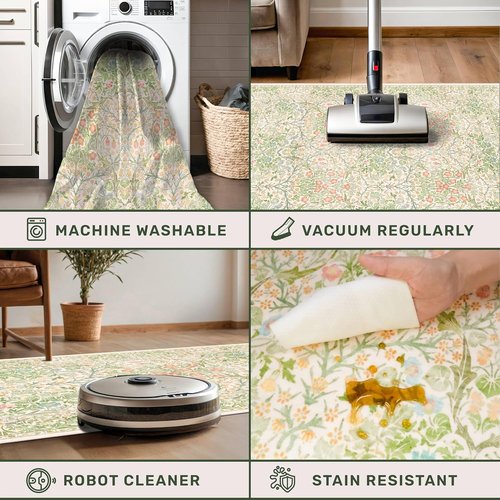 Hazo Haus Non-Slip Bathroom Runner Rug - Vintage Floral Design | Washable 24 x 72 Inch Beige Green Mat