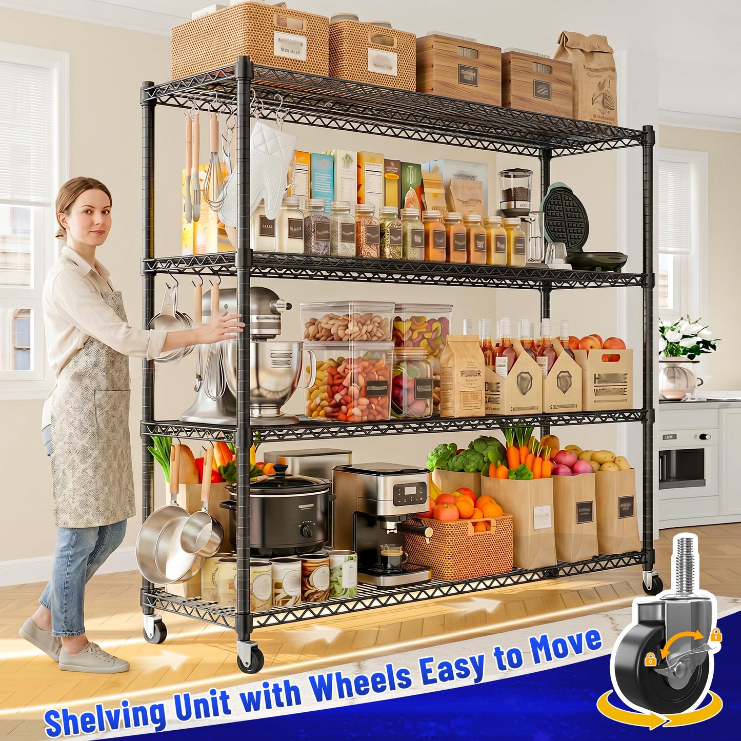 REIBII 2480LBS Capacity Heavy Duty Storage Shelves with Wheels, 1-Inch (25.4mm) Steel Tube, Adjustable Wire Shelving for Garage, Warehouse, Pantry & Commercial Use, 75.6" H x 55.5" W x 24" D