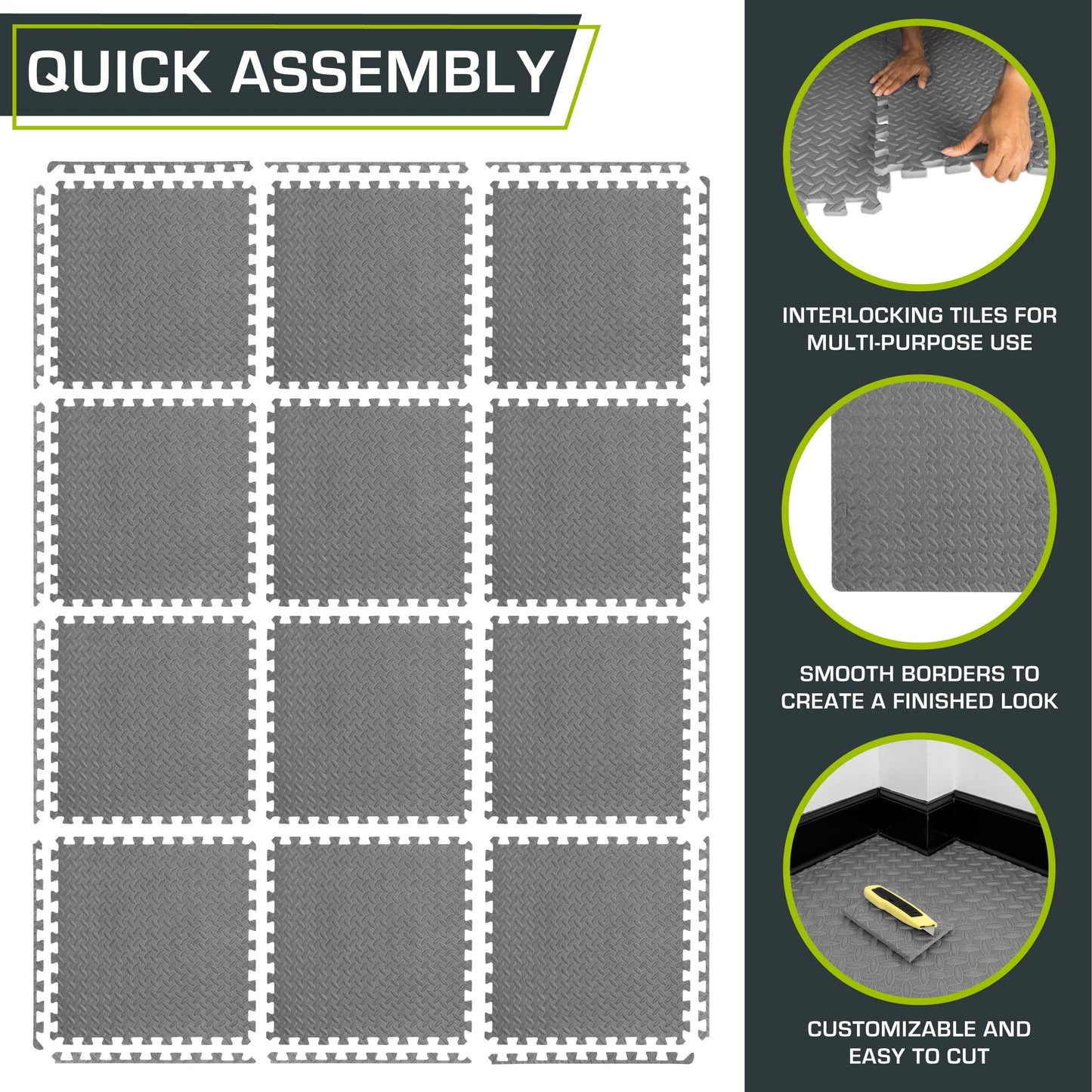 ProsourceFit Exercise Puzzle Mat ½-inch, EVA Interlocking Foam Floor Tiles for Home Gym, Workout Equipment, Kids Play Areas, Grey, 48 SQ FT - 12 Tiles