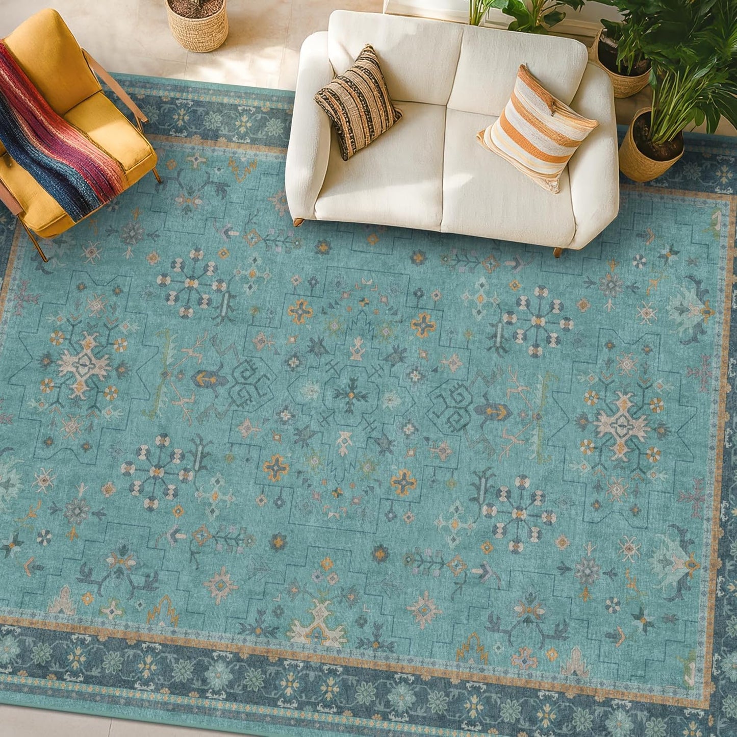 Skiennix Boho Teal 7x9 Soft Rug - Washable Turquoise Vintage Carpet for Living Room & Bedroom