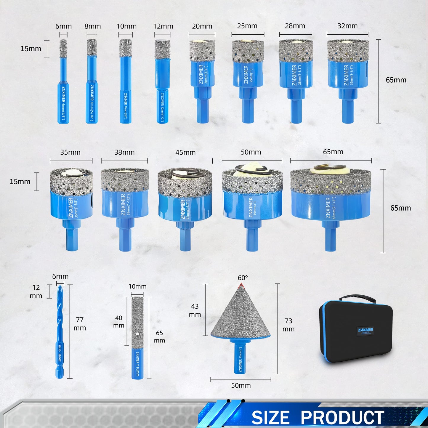 Tile Hole Saw Kit - ZNXIMER Diamond Hole Saw Kit for Tiles, Ceramic, Granite, Marble, Glass, Gypsum and More Drilling - 16pcs Tile Drill bit (6/8/10/12/20/25/28/32/35/38/45/50/65MM/2/6/10MM)