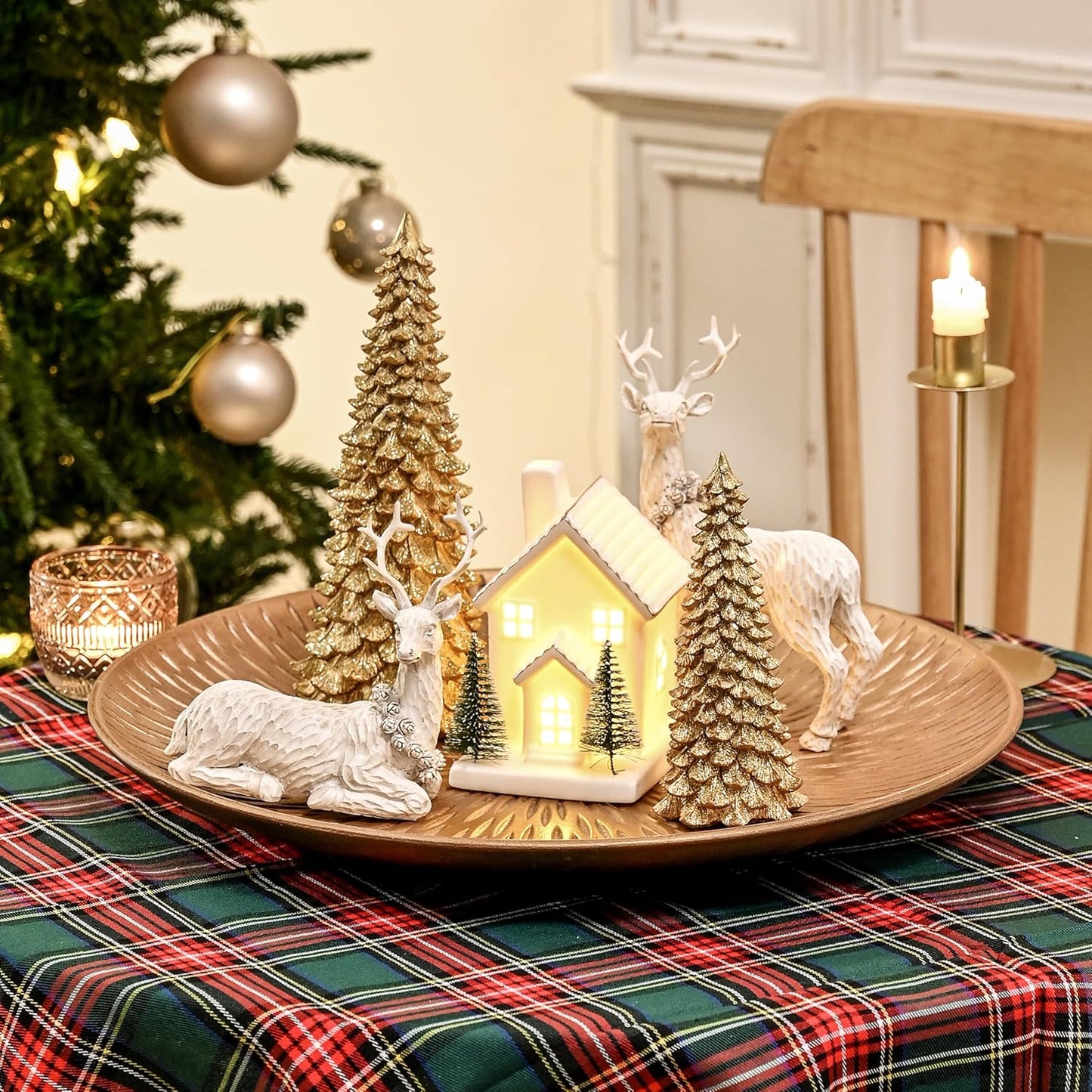 AOMOONOA Gold Christmas Tree Figurines - 2Pcs Resin Glitter Tabletop Decor | Small Xmas Trees Set