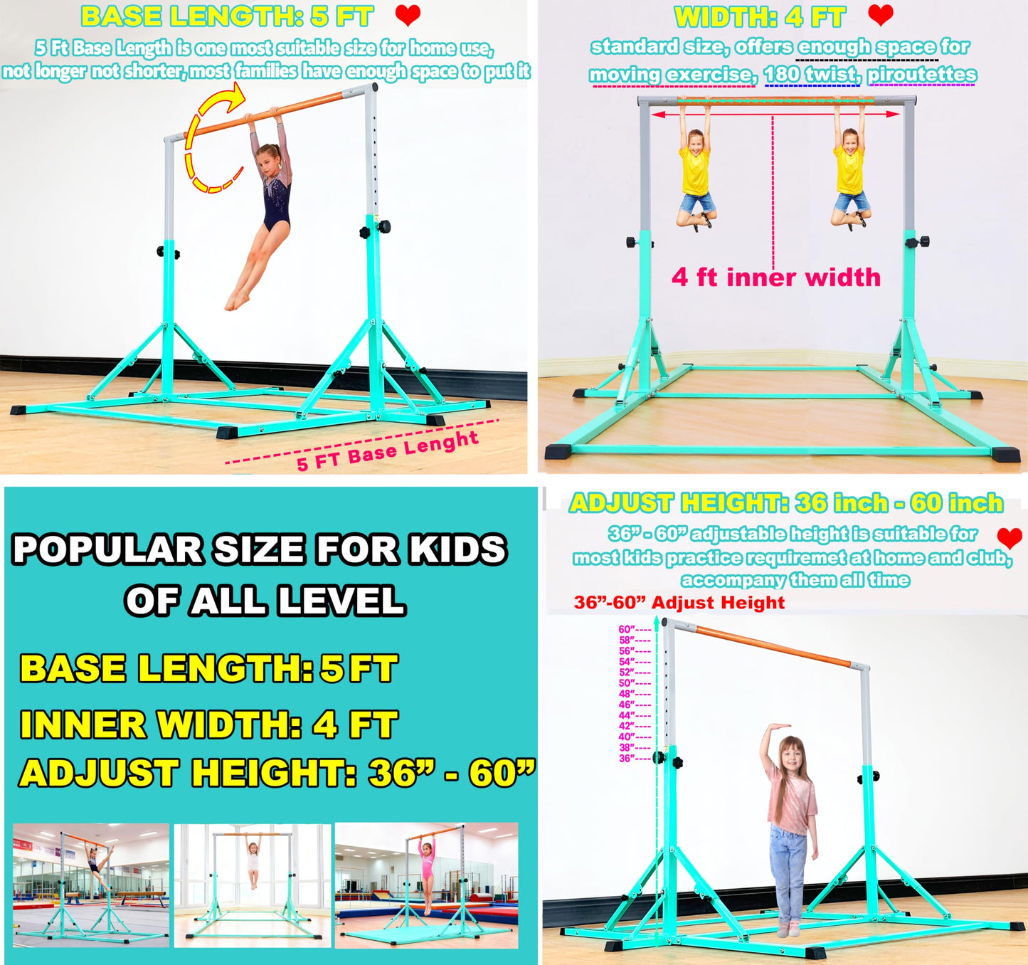 MARFULA Fold Gymnastic Bar for Kids and Teenage Ages 3-20, 350 lbs Weight Capacity, 5 Ft Gymnastic Kip Bar Horizontal Bar for Gymnast, Gymnastic Training Equipment for Home and Gymnastic Center Use