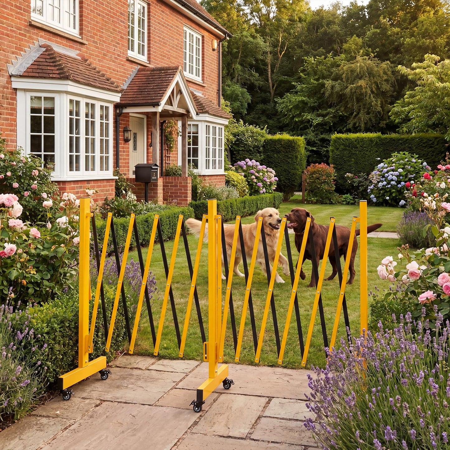 23FT Metal Expandable Mobile Barricade,Industrial Folding Security Gate Driveway Gate, Retractable Retractable Gate Outdoor,Folding Safety Barricade with Casters