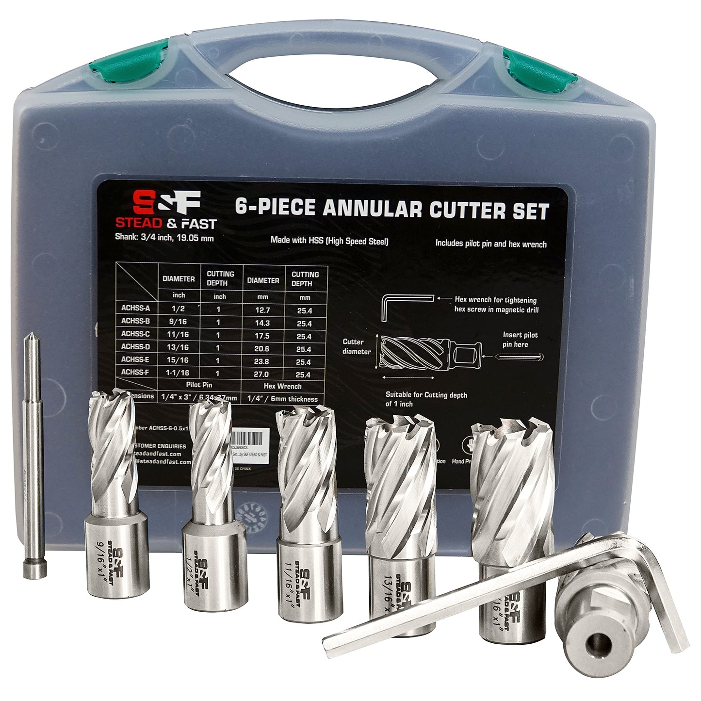 S&F STEAD & FAST Annular Cutter Set 6 Pcs, M2AL HSS Mag Drill Bits Kit, 3/4” Weldon Shank, 1” Cutting Depth, 1/2” to 1-1/16” Cutting Diameter, use with Magnetic Drill Press