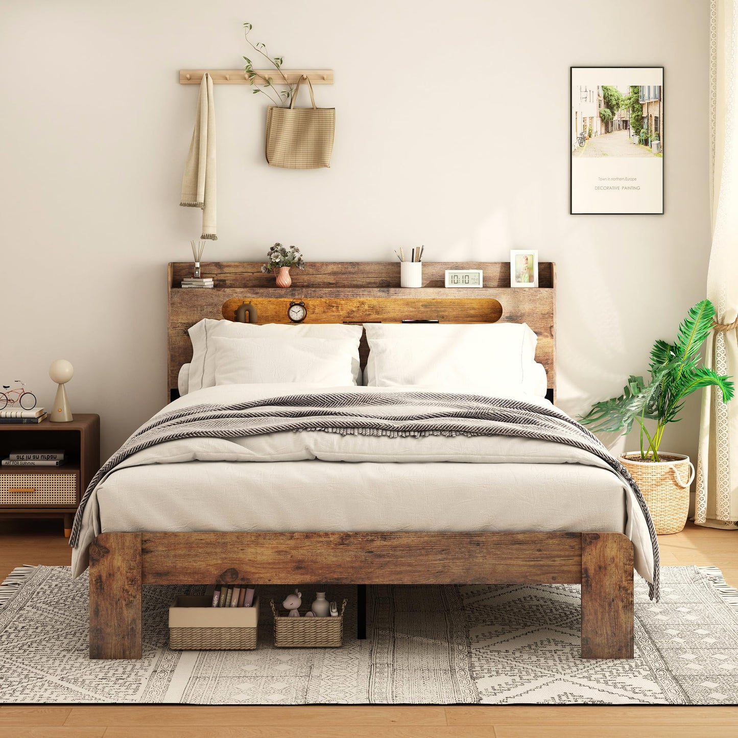 GDFStudio Full Size Wood Platform Bed Frame with Storage Headboard and Charging Station, LED Light Headboard with 2 USB Ports and Power Outlets, Noise-Free Support, No Box Spring Needed, Dark Brown