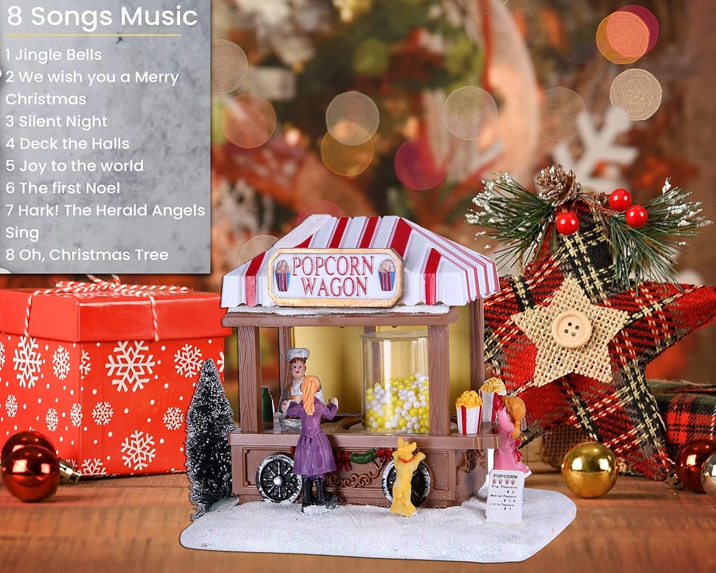 Regine Switzerland Christmas Village Houses - LED Lighted Popcorn House Figurine with 8 Music | Holiday Home Decor