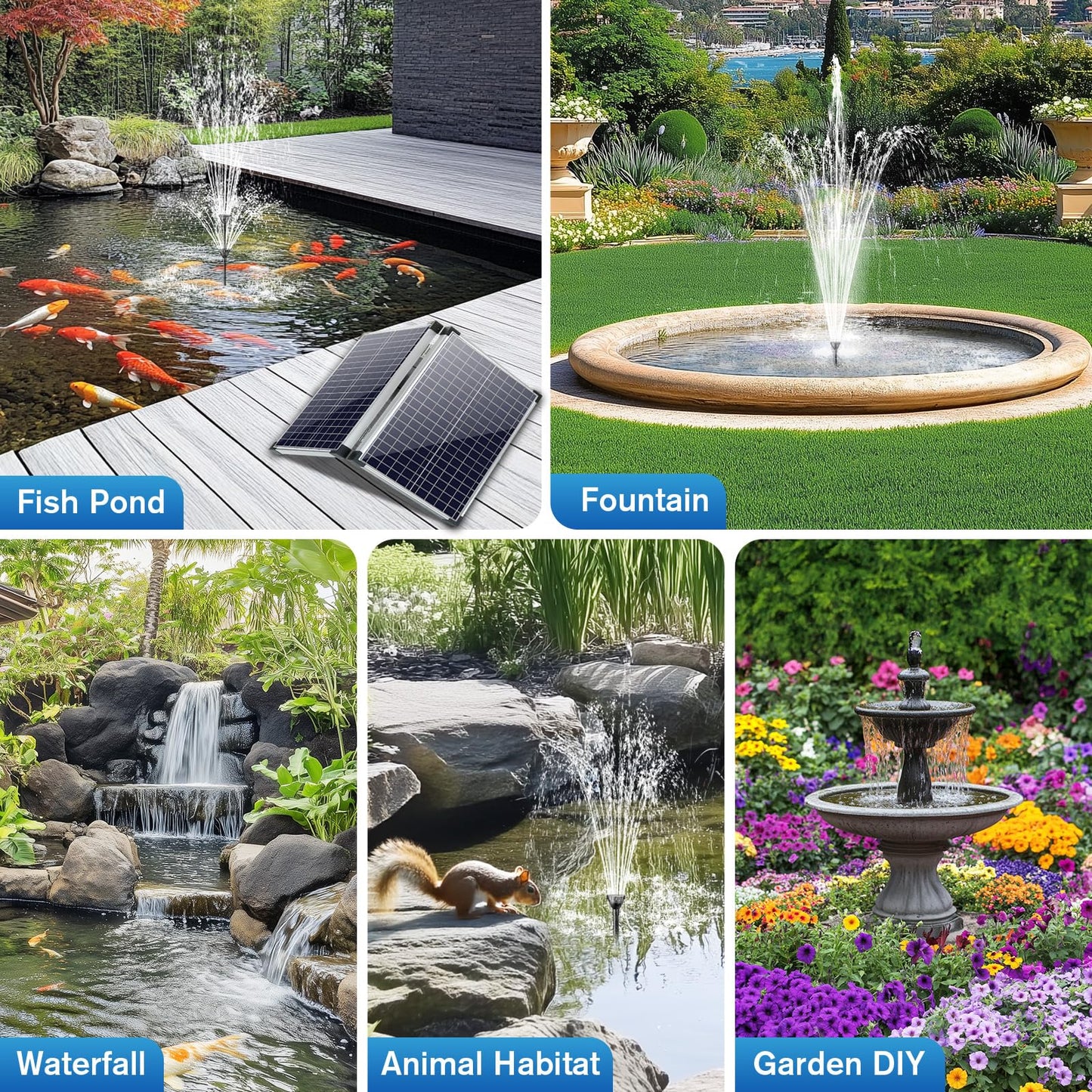 POPOSOAP 55W Solar Fountain Pump, 480GPH Solar Pond Pump with Dry-Run Protection, Solar Powered Water Pump with 17Ft Cord & 10Ft Extension Cable, PVC Tubing for Ponds, Garden, Waterfall, Hydroponics