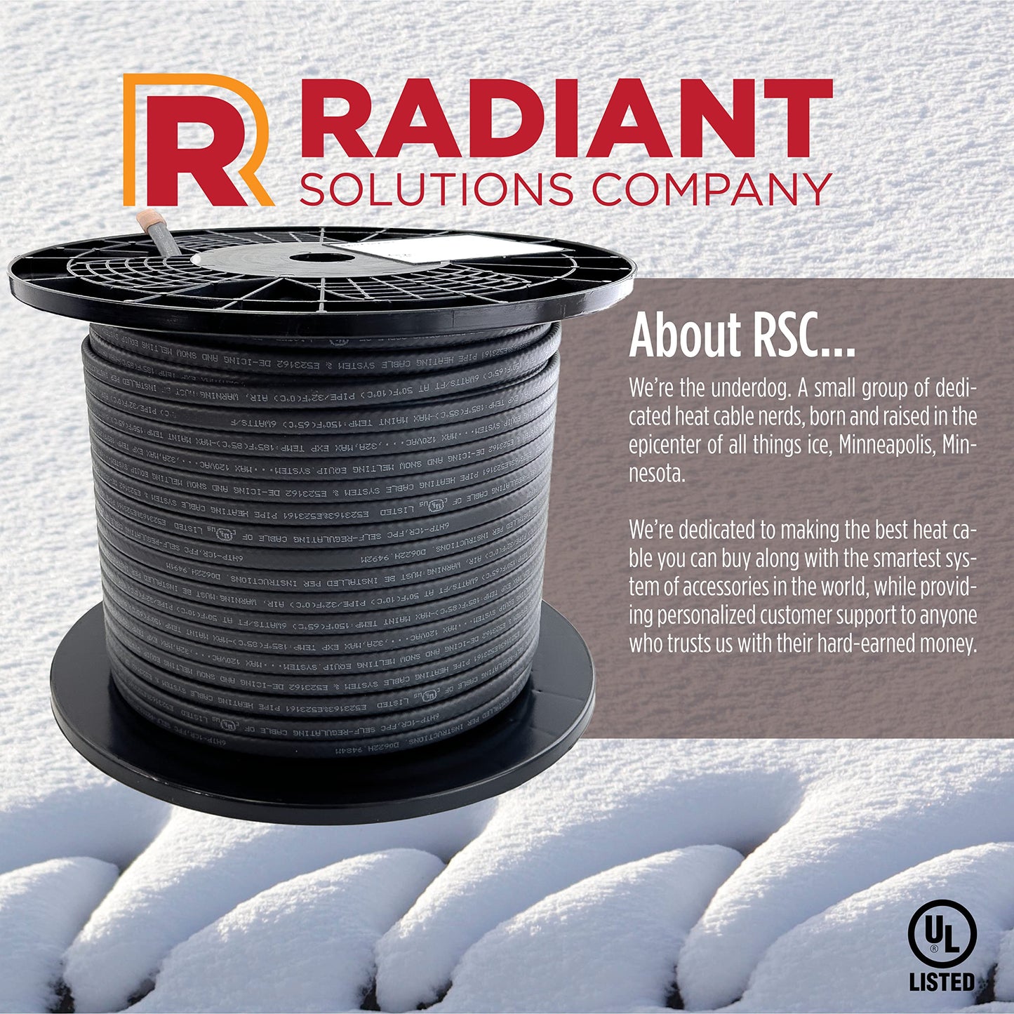 Radiant Solutions Company Heat Tape Pro - Self-Regulating Heat Cable - Long Term Ice Dam, Roofing, Gutter & Pipe Freeze Protection - 12 MM, 6 Watts Per Foot (250, 120 Volt)