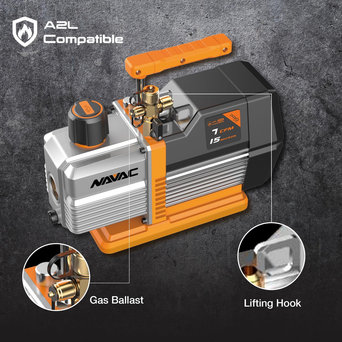 NAVAC NP7DP2 HVAC Vacuum Pump - Dual-Stage AC Motor - A2L Refrigerants - A/C Vacuum Pump Kit - For Evacuation of HVAC Equipment - 15 Microns - Pro Series - 7 CFM