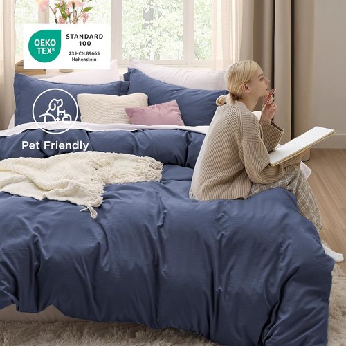 Bedsure Navy Blue King Duvet Cover Set - Oversized 3-Piece Extra Soft Prewashed Cotton-Like Polyester, 120x98 Inches with Zipper Closure & 2 Pillow Shams