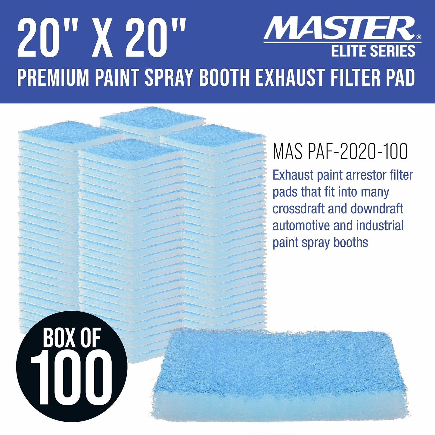 Master Elite Premium Paint Spray Booth Exhaust Filter Pad 20" x 20", Box of 100-18 Gram Fiberglass Paint Arrestors - Captures Traps Overspray Particles in Auto Car Autobody Refinish Booths