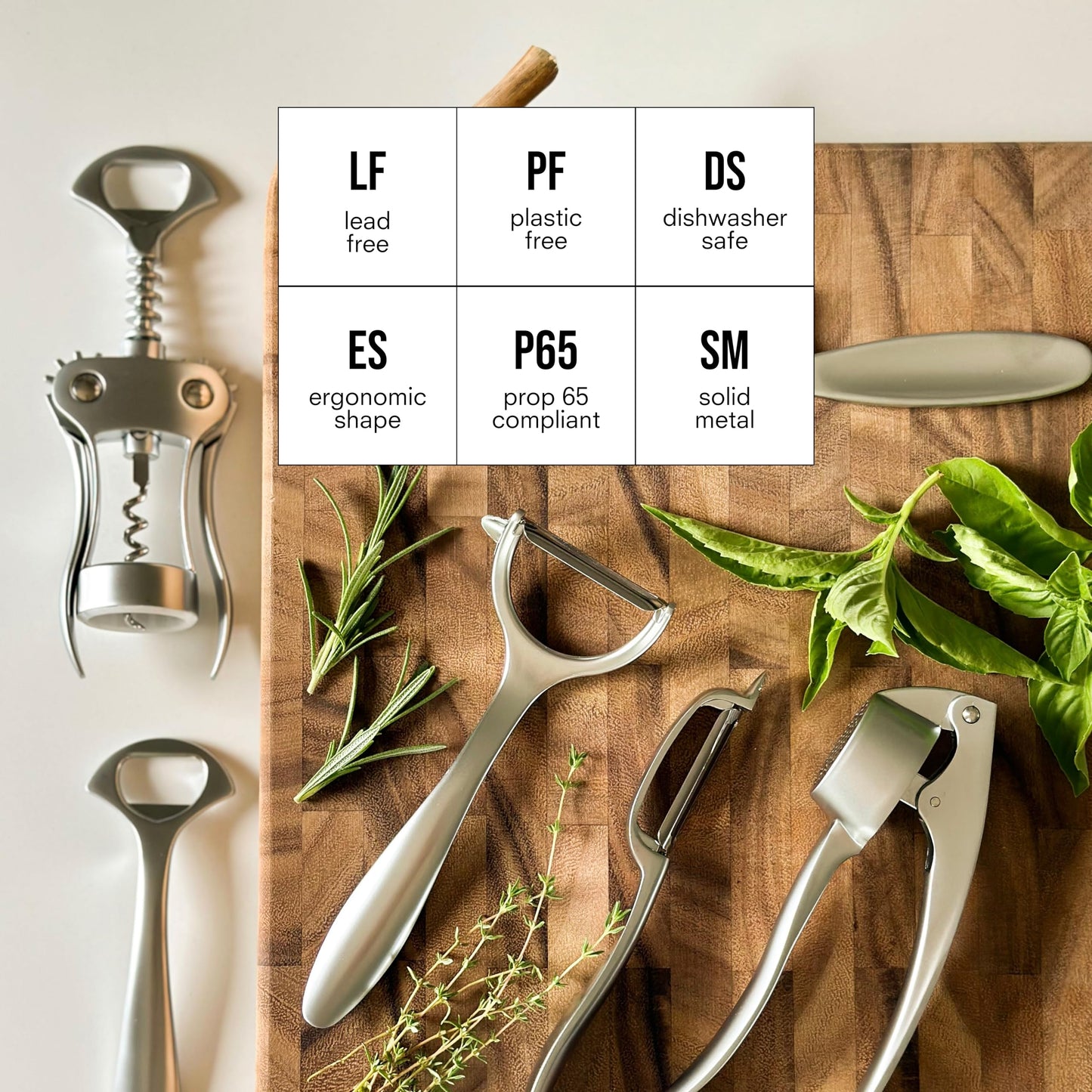 Public Goods Kitchen Tool Set | 6 Piece Kitchen Utensil Set | Includes Y-Peeler, Peeler, Bottle Opener, Wine Opener, Pizza Cutter, and Garlic Press | Plastic-Free, Dishwasher Safe Gadget Essentials