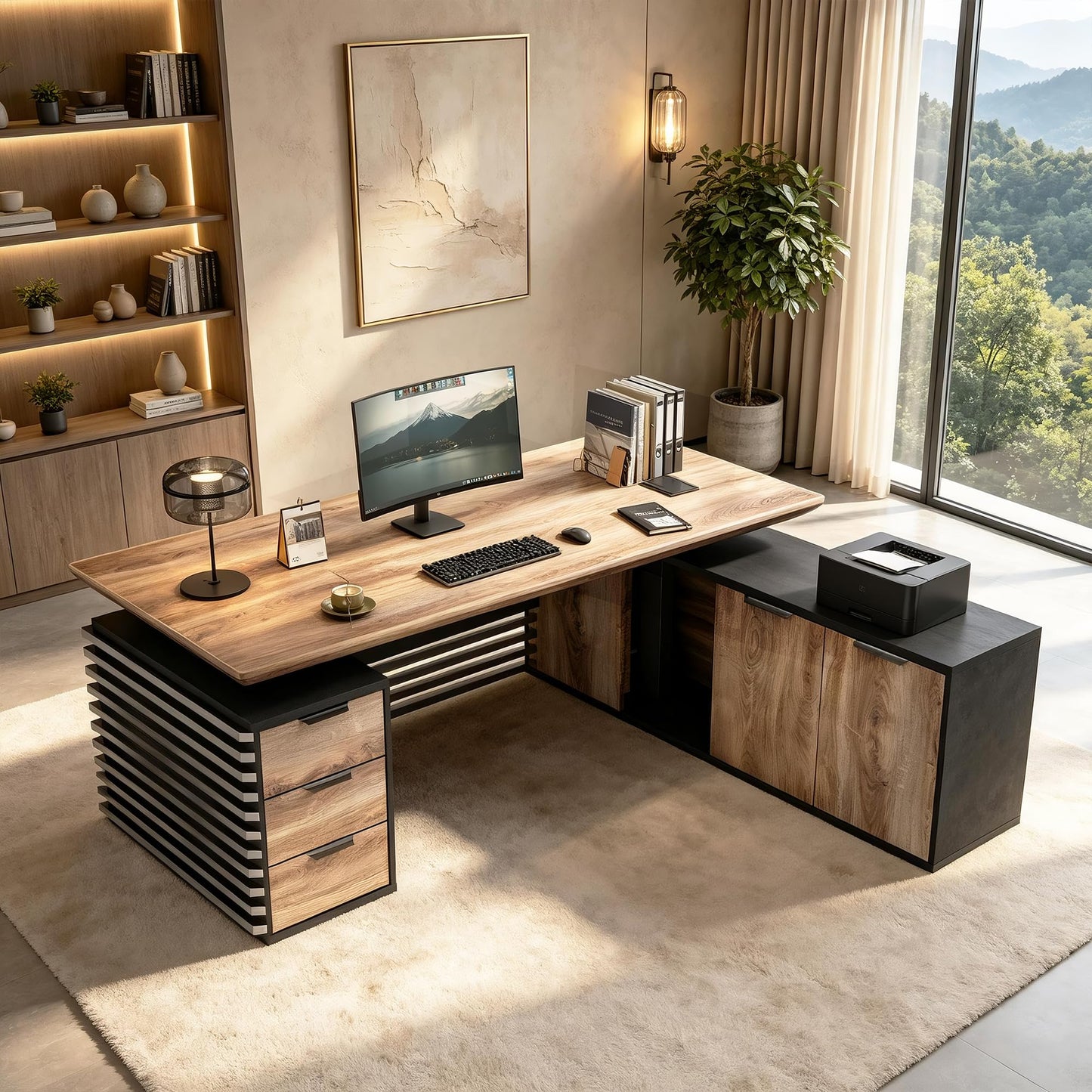 Electric Height Adjustable Executive Desk, Luxury L-Shaped Office Desk with Storage Cabinet & Charging Station, Solid Thickened Desktop, 70" Modern CEO Workstation for Home Office & Corporate Office