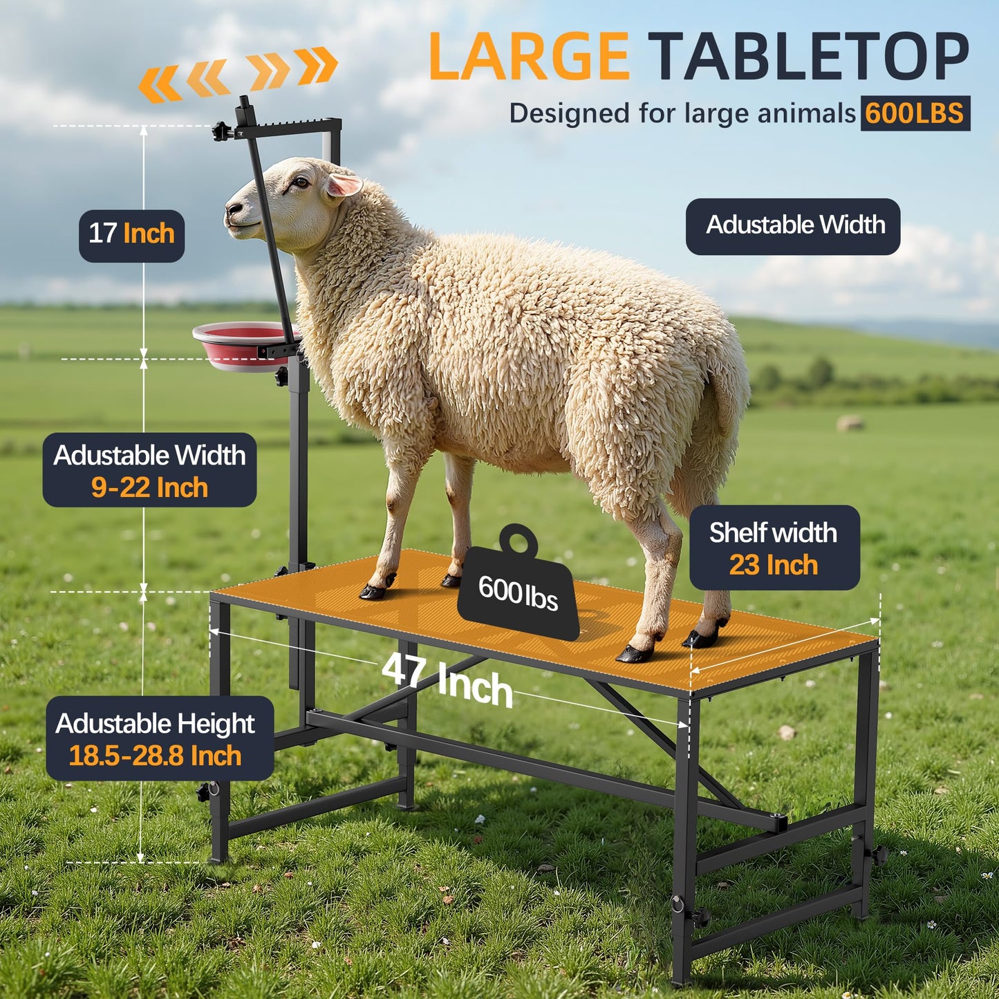 SKONYON Goat Milking Stand With Feeder: Heavy Duty 600lbs Goat Stand | 47x23 Inch Livestock Table With Adjustable Headpiece & Legs | Hoof Trimmers Shearing For Goats & Sheep | Sheep Stand Black