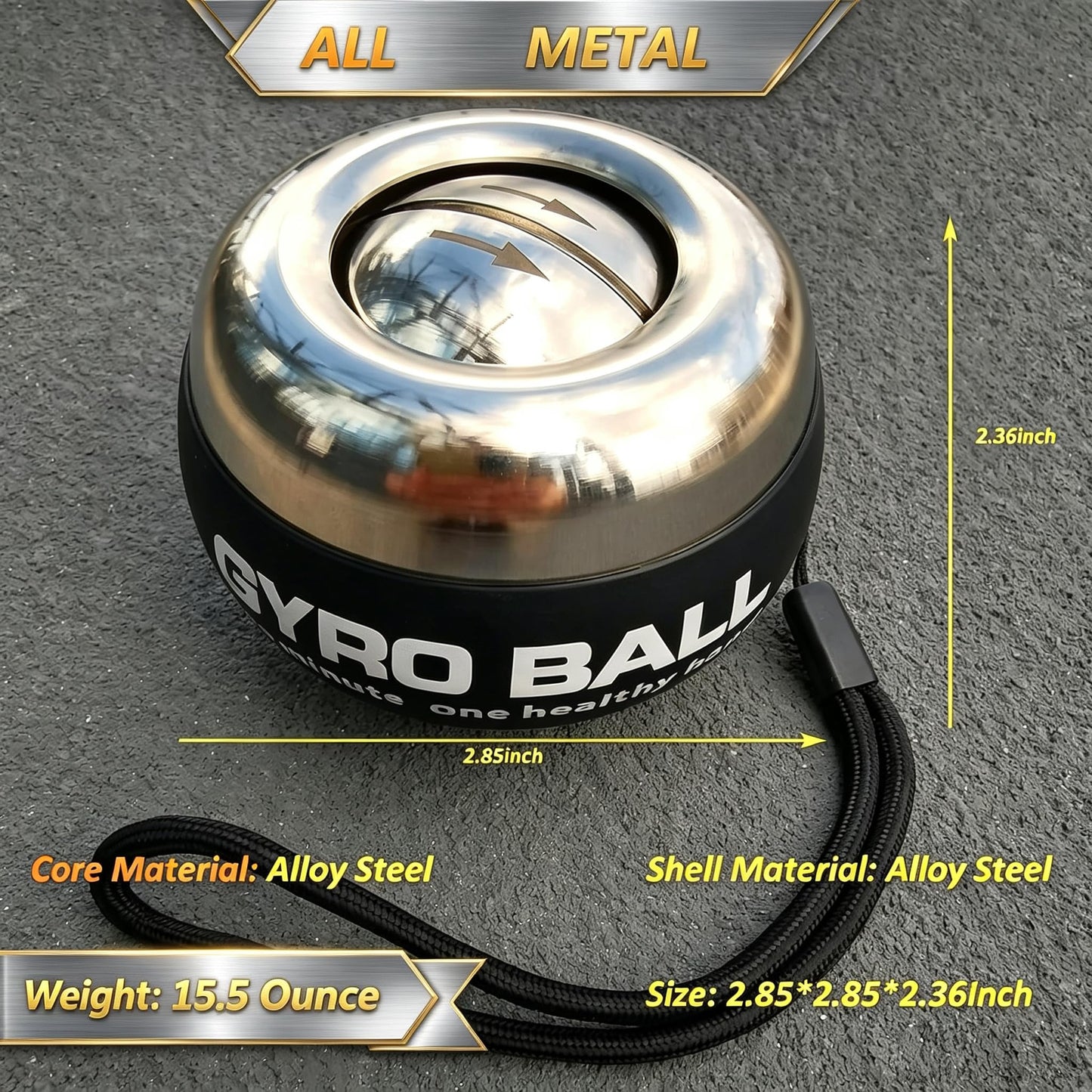 EXBEPE All-Metal Power Gyro Ball,Weighted Auto-Start Hand Wrist Forearm Trainer and Strengthener for Exercise Joint and Muscle with Ball Bag