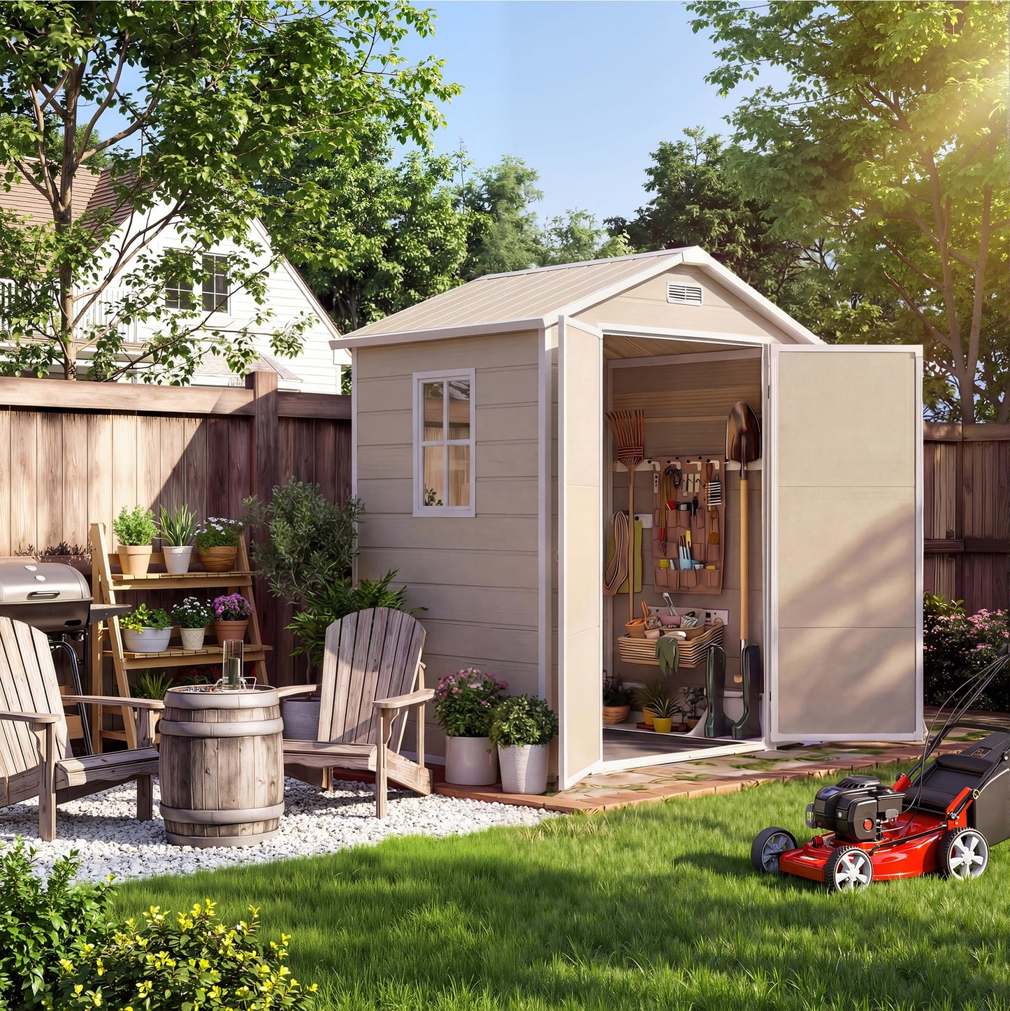 6x4 ft Outdoor Storage Shed with Floor, Plastic Resin Garden Shed with Window & Lockable Door, Tool Shed for Patio, Backyard, Lawn Mower, Bike Storage