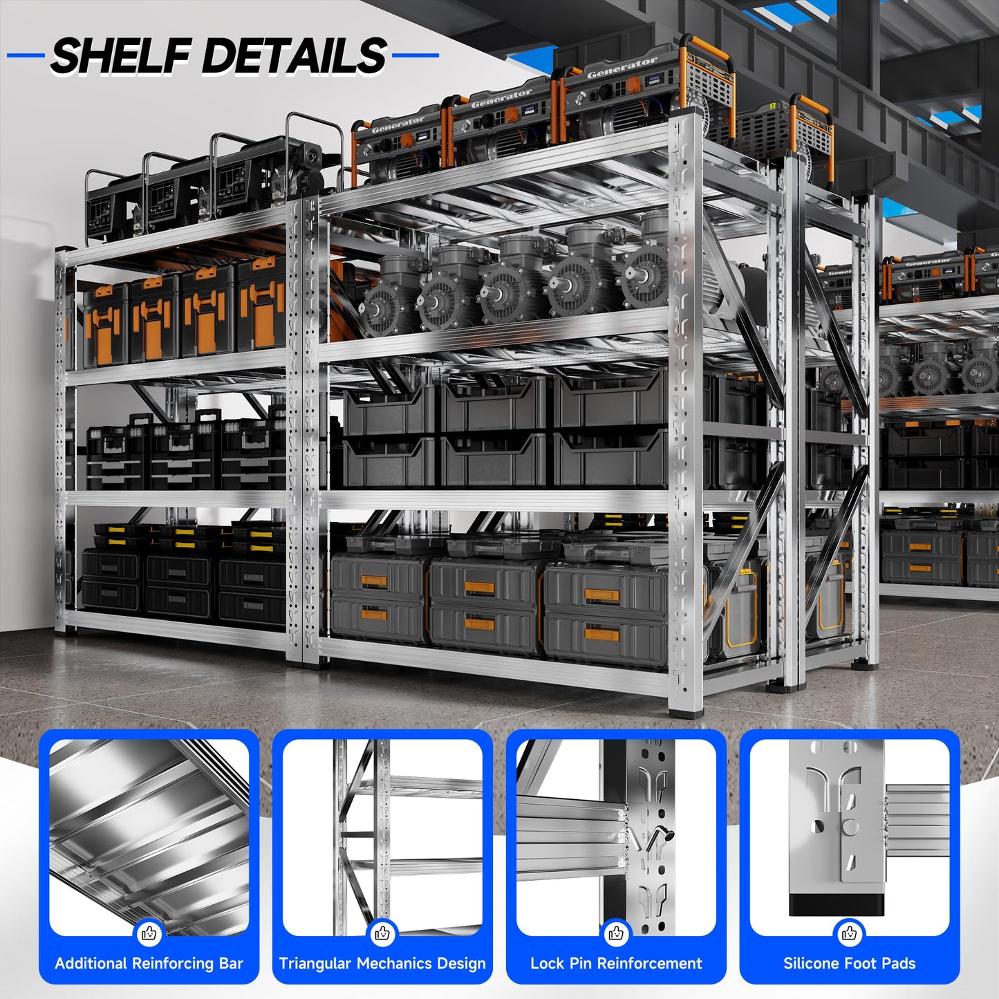 Kobito 68.9W'' Storage Shelves 4 Tier Stainless Steel Shelf Utility Rack Shelf 2200LBS Adjustable Shelf Storage Rack for Garage Supermarket, Warehouse,Industrial,Basement,68.9" Wx70.87''Hx23.7''D