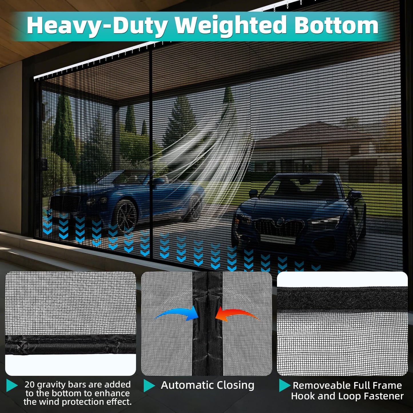 Sliding Garage Door Screen 2 Car 16x7Ft, Retractable Garage Screen Door with Track Closure, Heavy Duty Fiberglass Mesh Garage Net Screen, Keep Bugs & Animals Out, Easy Assembly Privacy Protection