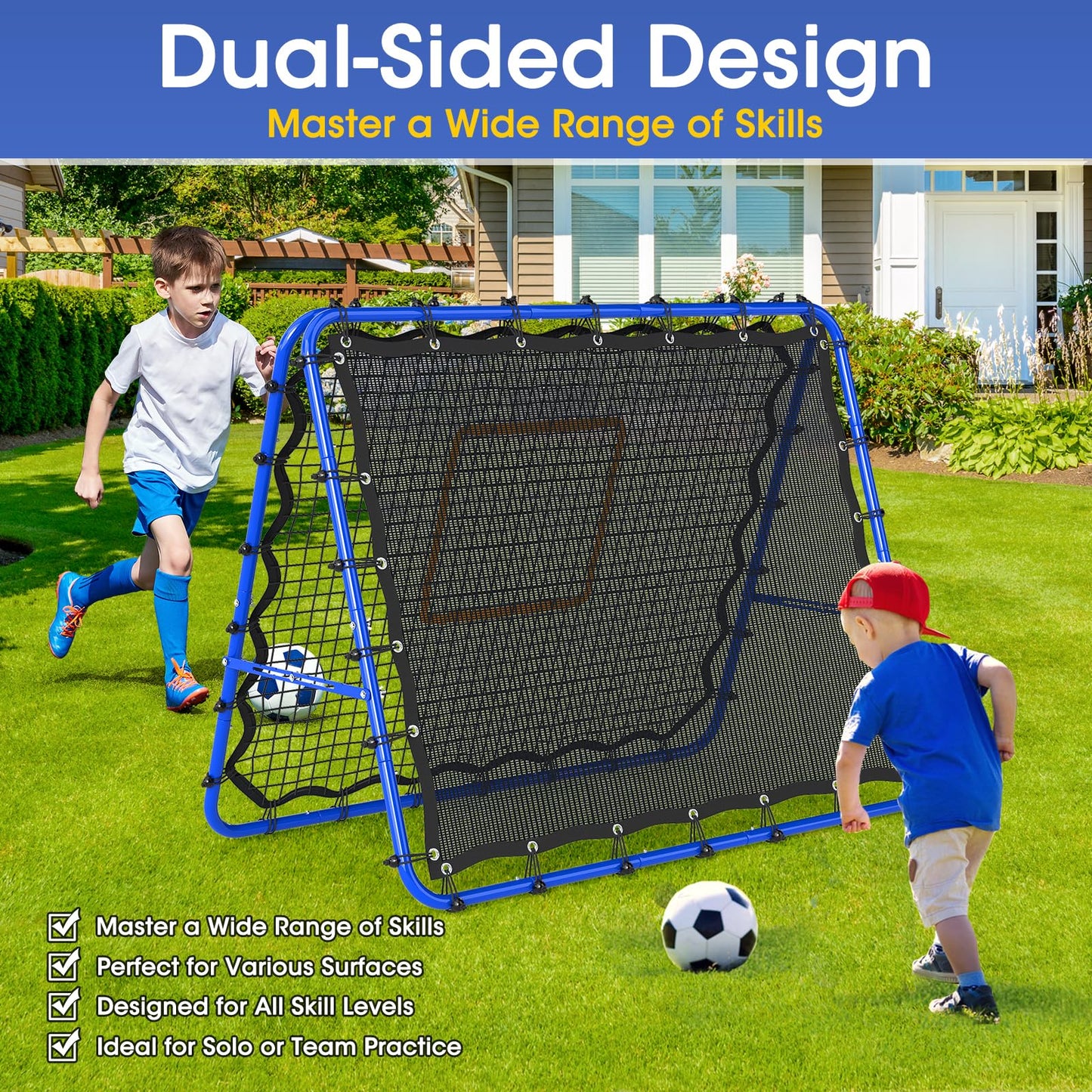 JIRTEMOT Soccer Rebounder Net, 2-Sided Football Trainer with Fast/Slow Rebound for Ball Control, Passing, Shooting, Portable Volleyball Practice Equipment for Youth & Adults, Easy Setup, 5FTx4FT