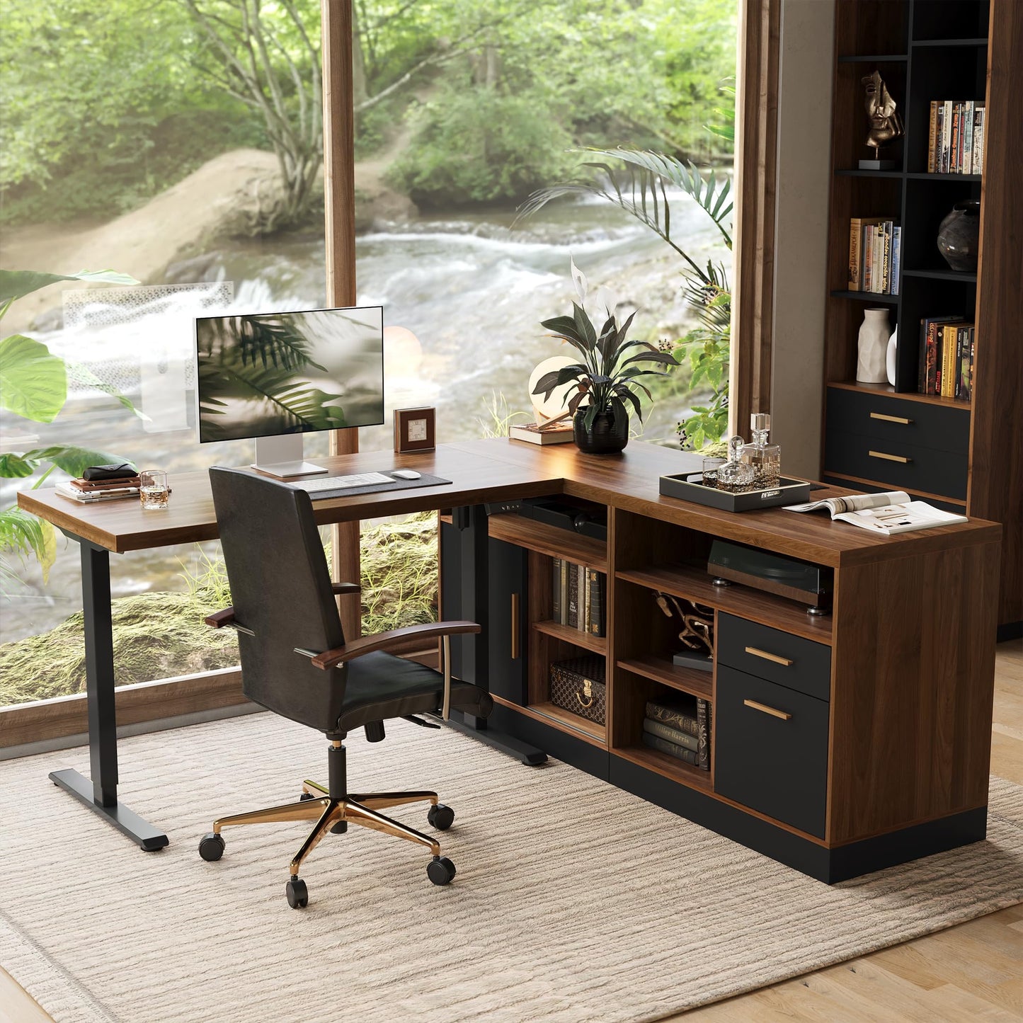 ModernMate 67" L Shaped Standing Desk, Electric Adjustable Height Executive Workstation for Home Office, File Cabinets, Built-in Outlets, Engineered Wood 1.18" Desktop, Alloy Steel Base, Black Walnut