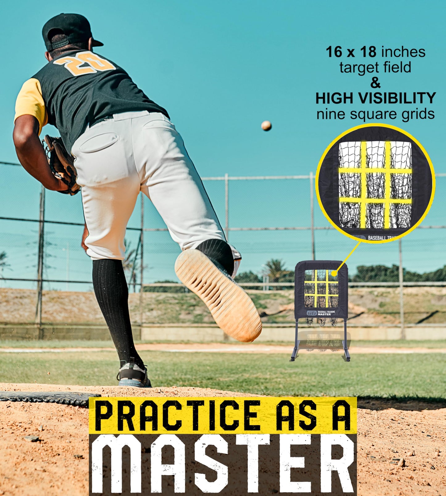 JAPER BEES Baseball Pitching Net with Strike Zone, 9 Hole Pitching Net Target, Portable Softball Pitcher Training Equipment Height Adjustable with Carrying Bag