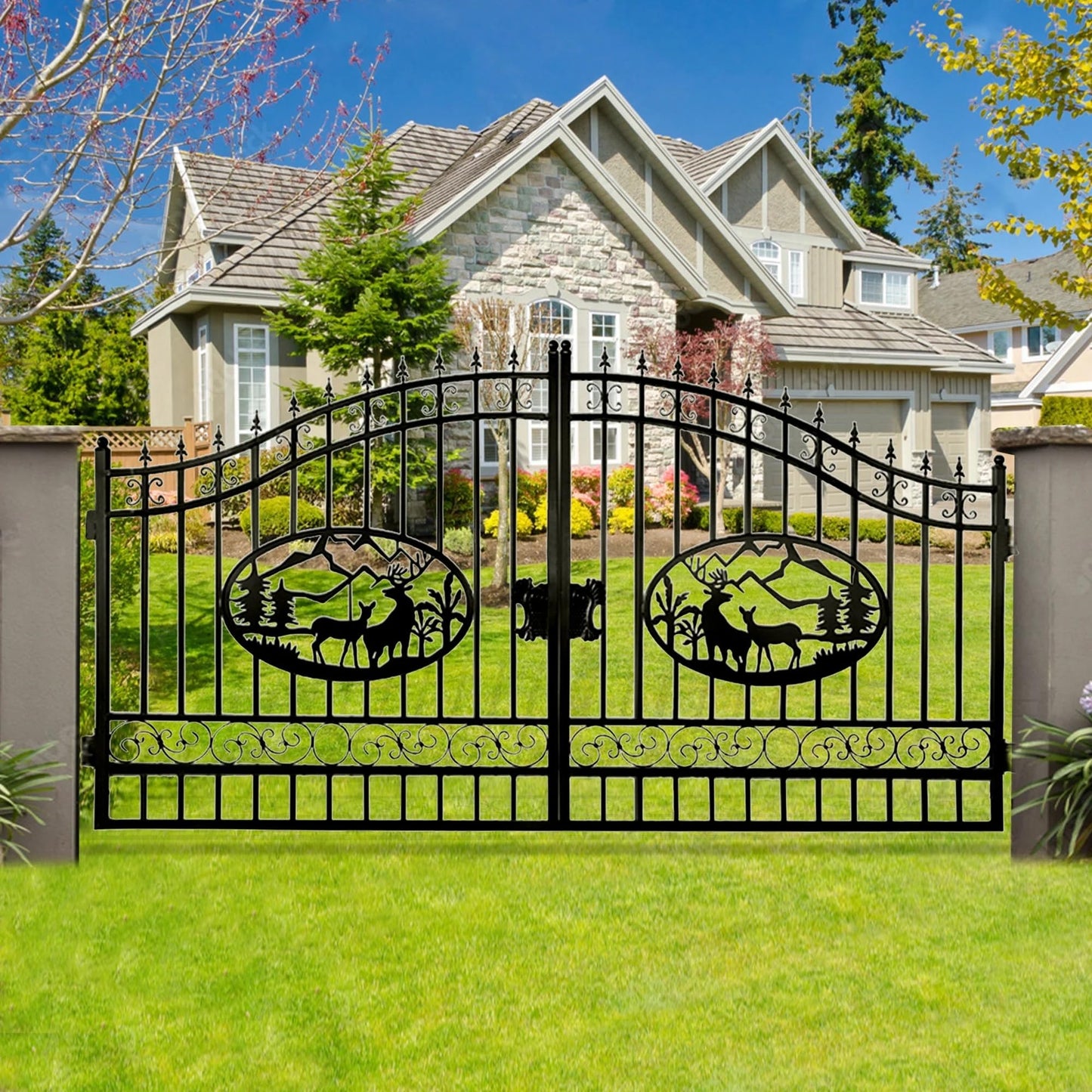 CHERY INDUSTRIAL.COM Outdoor Dual Swing Gate Driveway Security Gates Anti-Rust Outdoor Iron Gate Weatherproof Gate for Outdoor for Yard Patio Manor (14‘ Deer)