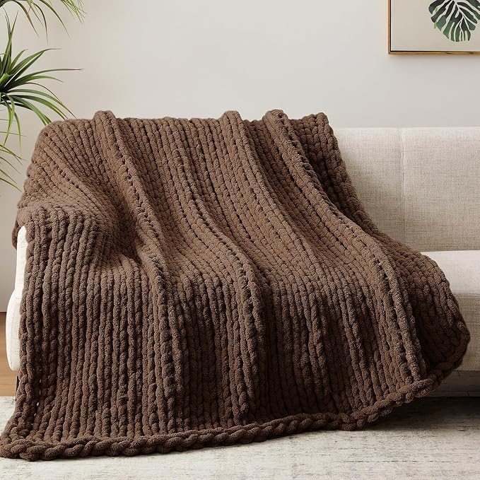 Negwoo Chunky Knit Throw Blanket, 80''*90'' Knitted Throw Chenille Yarn for Bed Couch, Handmade Dark Brown Crochet Big Thick Blanket, Machine Washable Cute Comfy Blanket for Home Decor