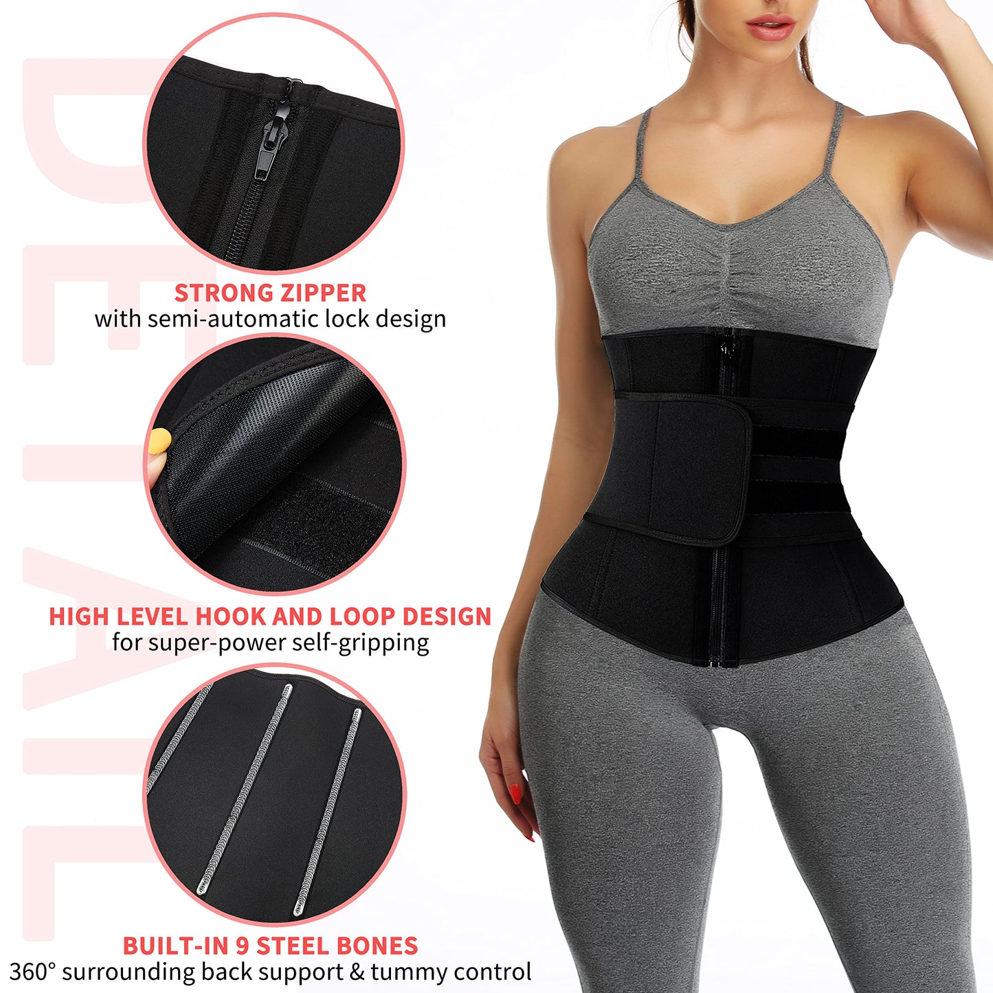 KIWI RATA Neoprene Sauna Waist Trainer Corset Sweat Belt with 2 Straps for Women Sweat Band Compression Cincher Workout Fitness Trimmer,#1 Zipper Black,Small