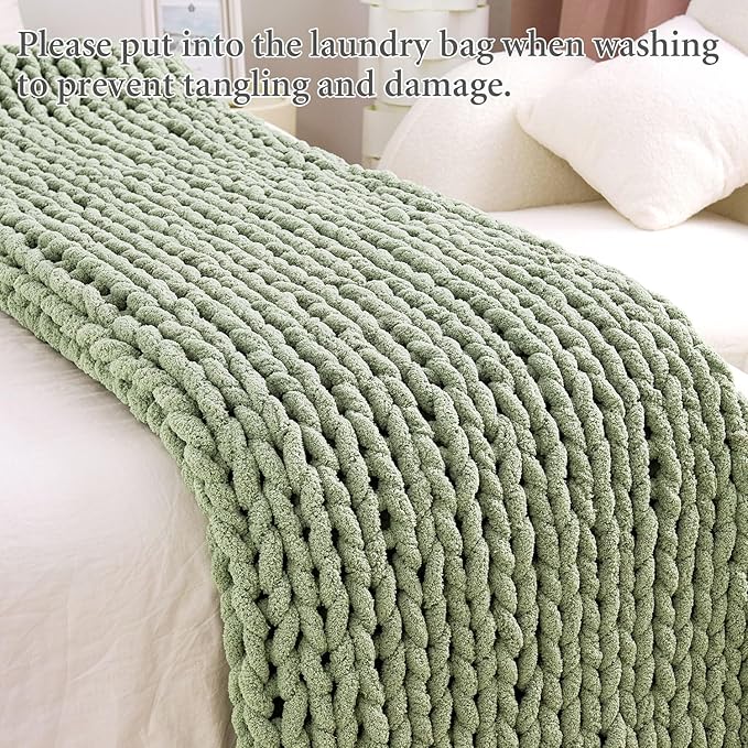 Admitrack Chunky Knit Blanket Throw, 100% Hand Knit Chenille Throw Blanket for Sofa & Home Decor, Soft and Cozy Knitted Throw Blankets (Sage Green, 60"x80")