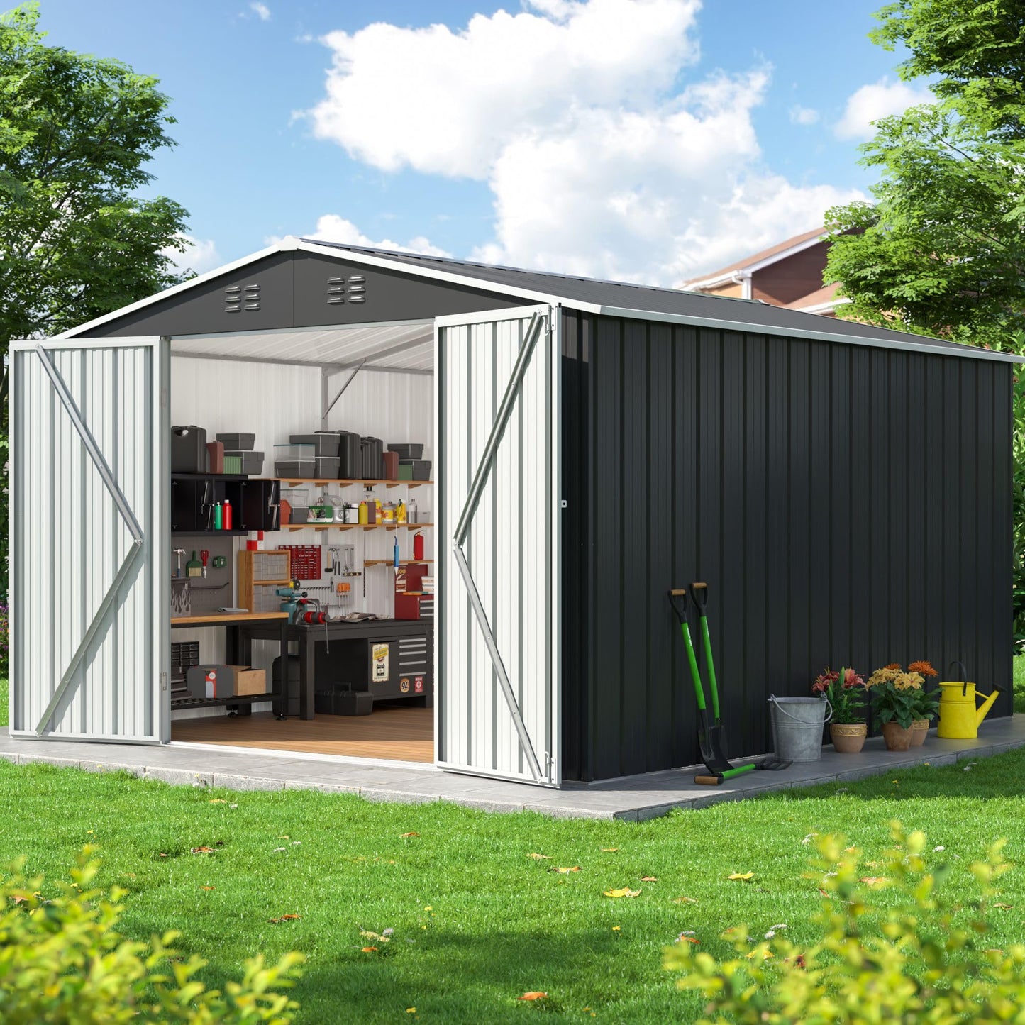 DAUSOLA 8.2x12 FT Outdoor Storage Shed, Metal Garden Tool Shed with Updated Frame Structure and Lockable Doors, Ideal for Backyard Garden Patio Lawn, Grey