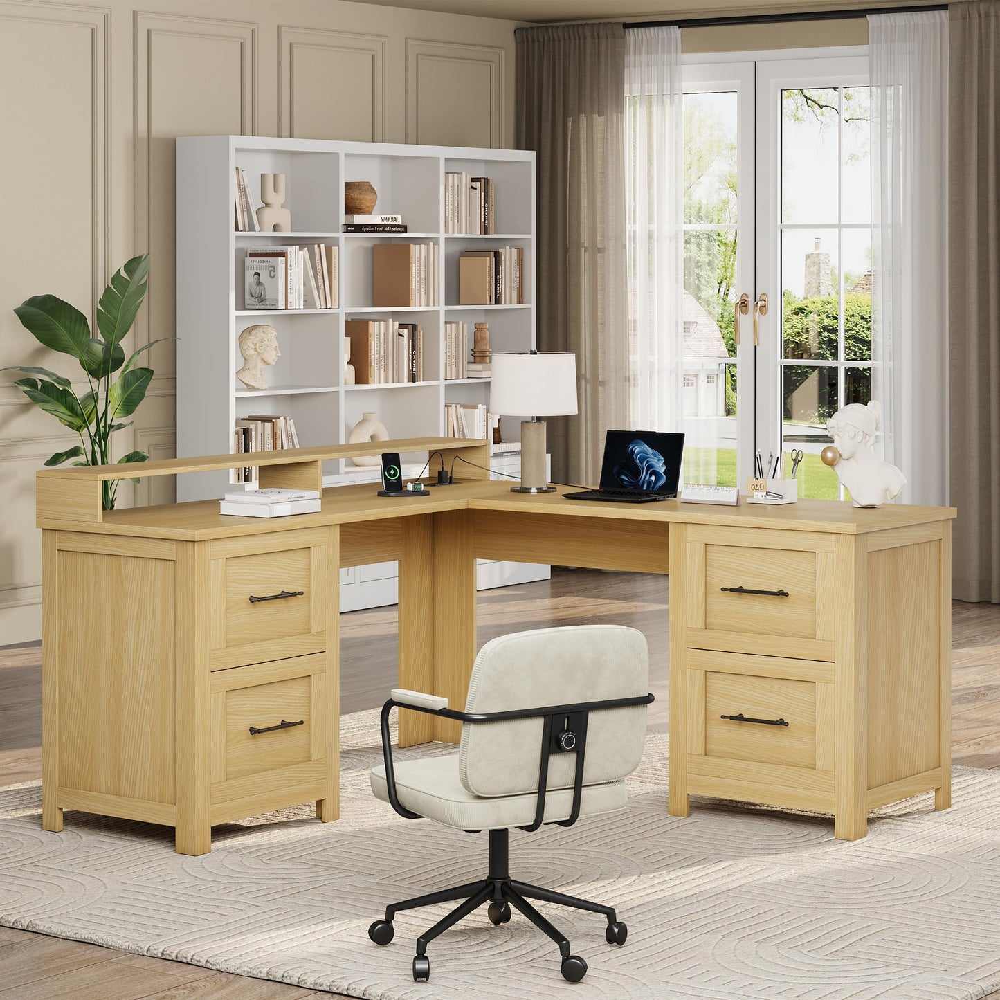 Garvee 63" Executive l Shaped Desk with 4 File Drawers & Power Outlet, Large Corner Computer Desk with Monitor Stand and Power Outlets, Home Office Desks with Storage Drawers