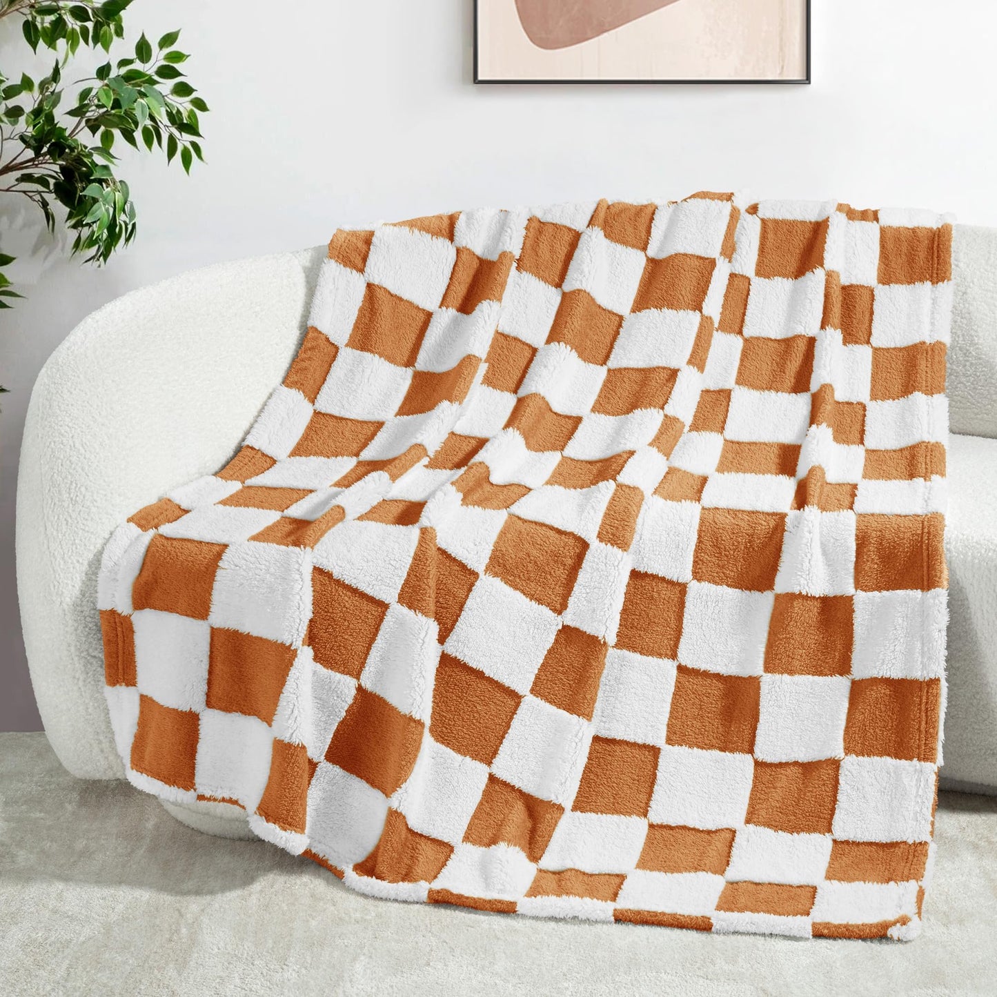 Exclusivo Mezcla Fleece Blanket Queen, Cozy Lightweight Fuzzy Checkered Blanket for Bed, Suitable for All Seasons, Coral Orange, 90" x 90"