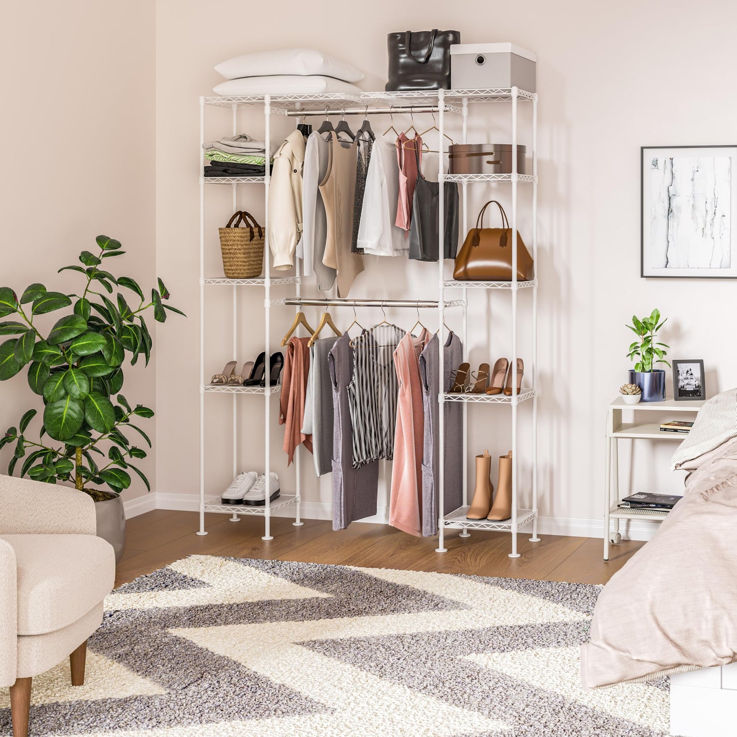 Seville Classics Closet Garment Organizer with Metal Hanging Rod Wardrobe Storage System, w/ Steel Shelves for Clothes, Shirts, Jackets, Coats, Blankets, Shoes, White, Expandable Rack