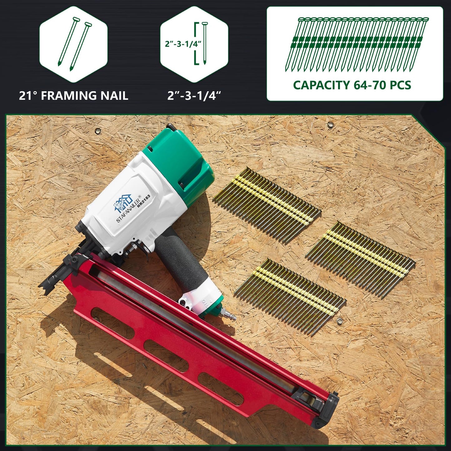 High Speed Mexican Style NR2183 21 Degree Aluminum Magazine Framing Nailer, Pneumatic Framing nail gun, 2-Inch up to 3-1/4-Inch Plastic Collated Full Head Framing Nails, Framing, Wooden House Building