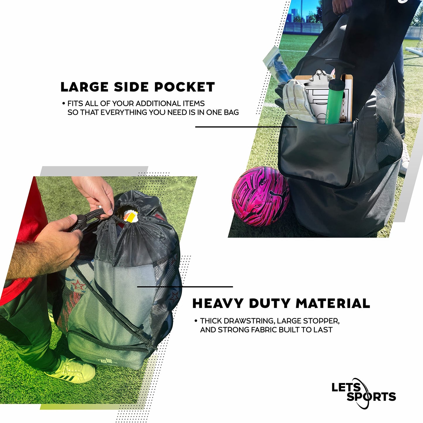 LETS Sports Soccer Ball Bag for Basketball, Volleyball & Football | Large Drawstring Ball Bags Mesh | Heavy-Duty Soccer Ball Bags for Coaches | Equipment Bag w/Shoulder Strap | 37" x 17" - Grey Black