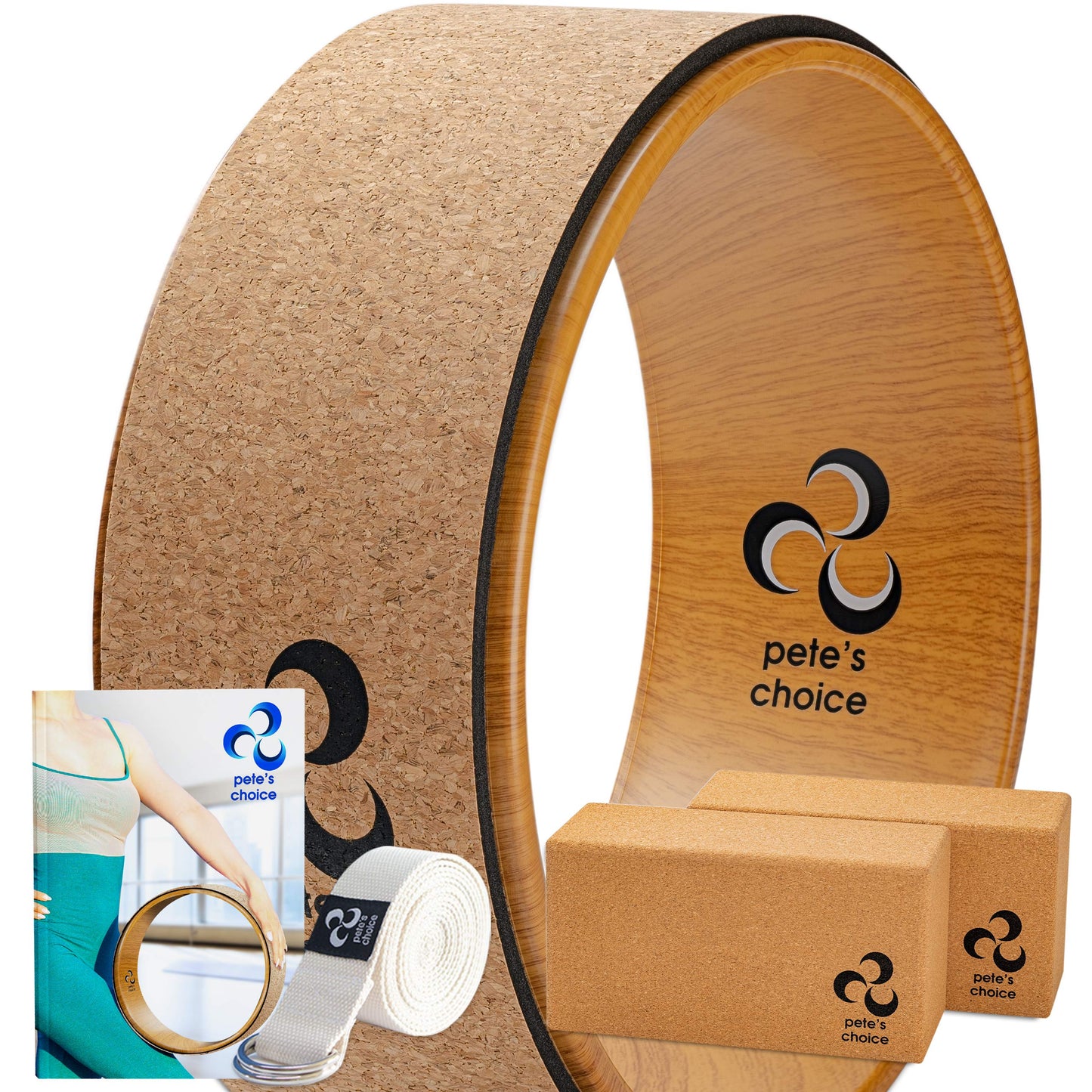 Deluxe Cork Yoga Wheel Set - Cork Wheel + 2 Blocks + Strap + Exercise Guide. Extra Firm Bricks. Better Support, Natural and Eco-Friendly. Home Exercise Kit. Ideal for Women Yogis.