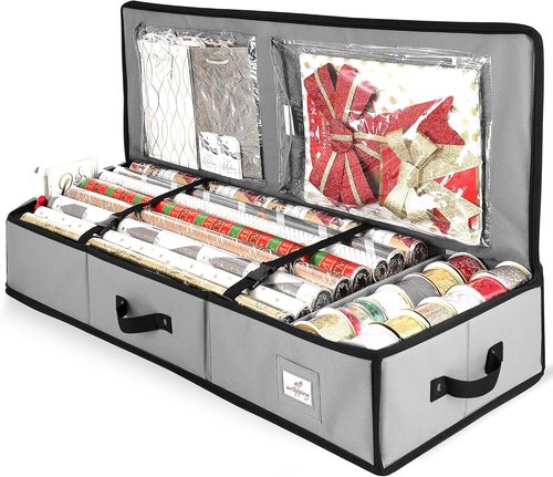 Hearth & Harbor Wrapping Paper Storage Container - Tear-Proof Christmas Gift Wrap Organizer | Fits Up to 22 Rolls, Silver