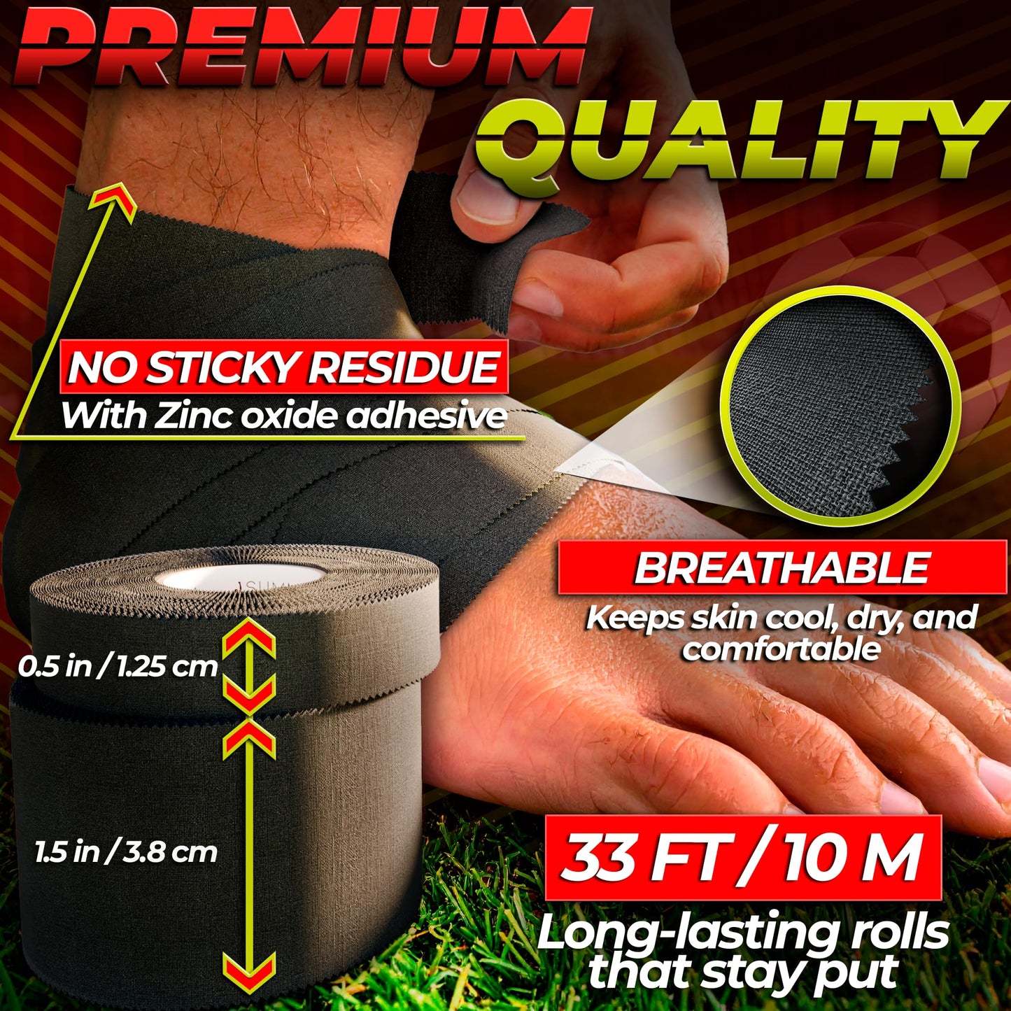 Summum Fit Black Athletic Tape Extremely Strong: 3 Rolls + 1 Finger Roll. Easy to Apply & No Residue. Sports Tape Athletic for Boxing Football Climbing or Gymnastics for Wrist Ankle & Hand Protection
