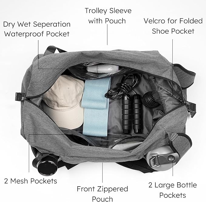 Gym Bag for Men with Shoes Compartment and Wet Pocket Convertible Duffle Bag and Gym Backpack Waterproof Sports Bags for Men with 2 Bottle Holders Multipurpose Weekender Overnight Bag - Grey
