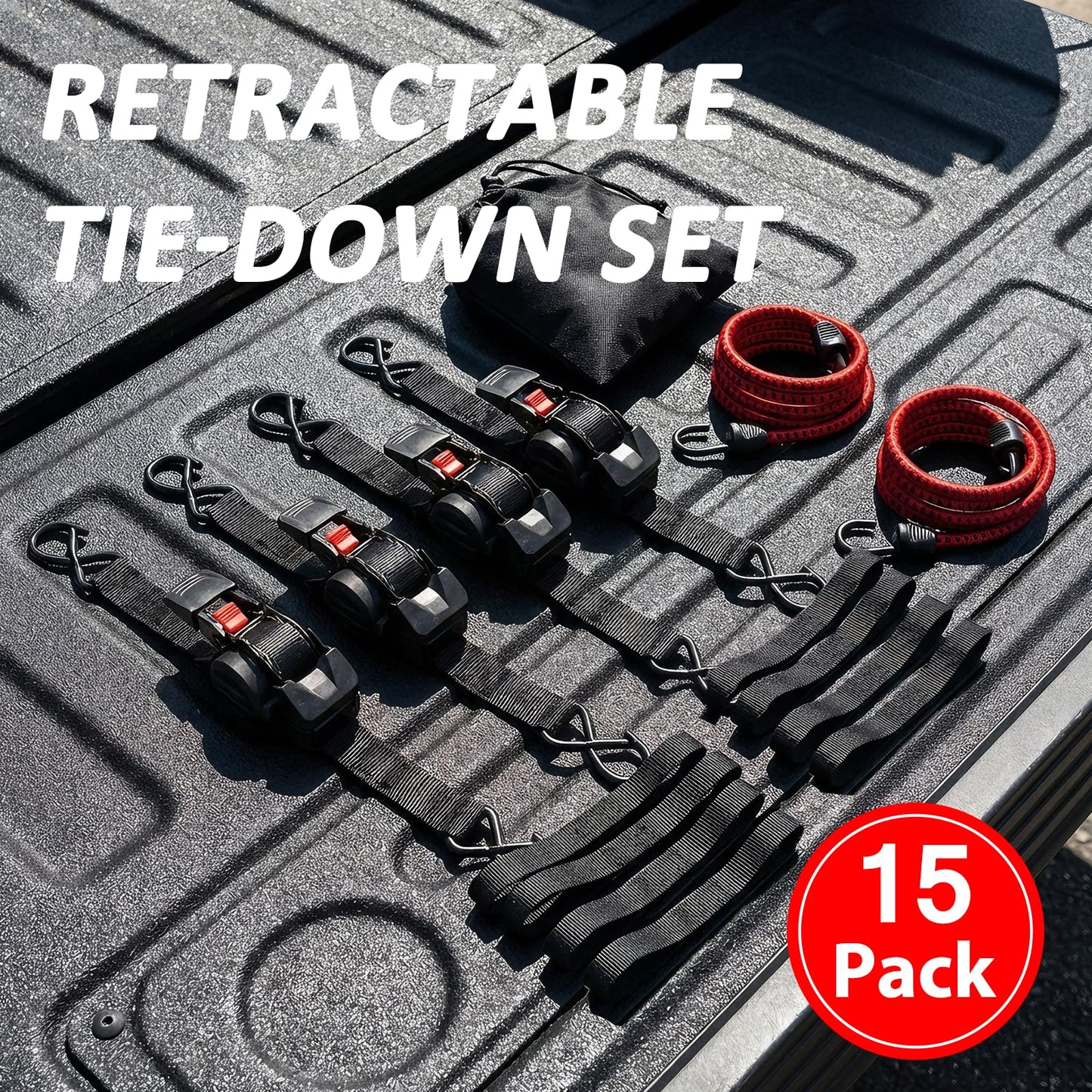 Retractable Ratchet Straps (4 Pack) - 1" x10 ft Heavy Duty with Auto Retract, Safety Lock Hooks & 1650 lb - Soft Loops + Bungee Cords for Truck, Trailer, Motorcycle, ATV, UTV, Moving