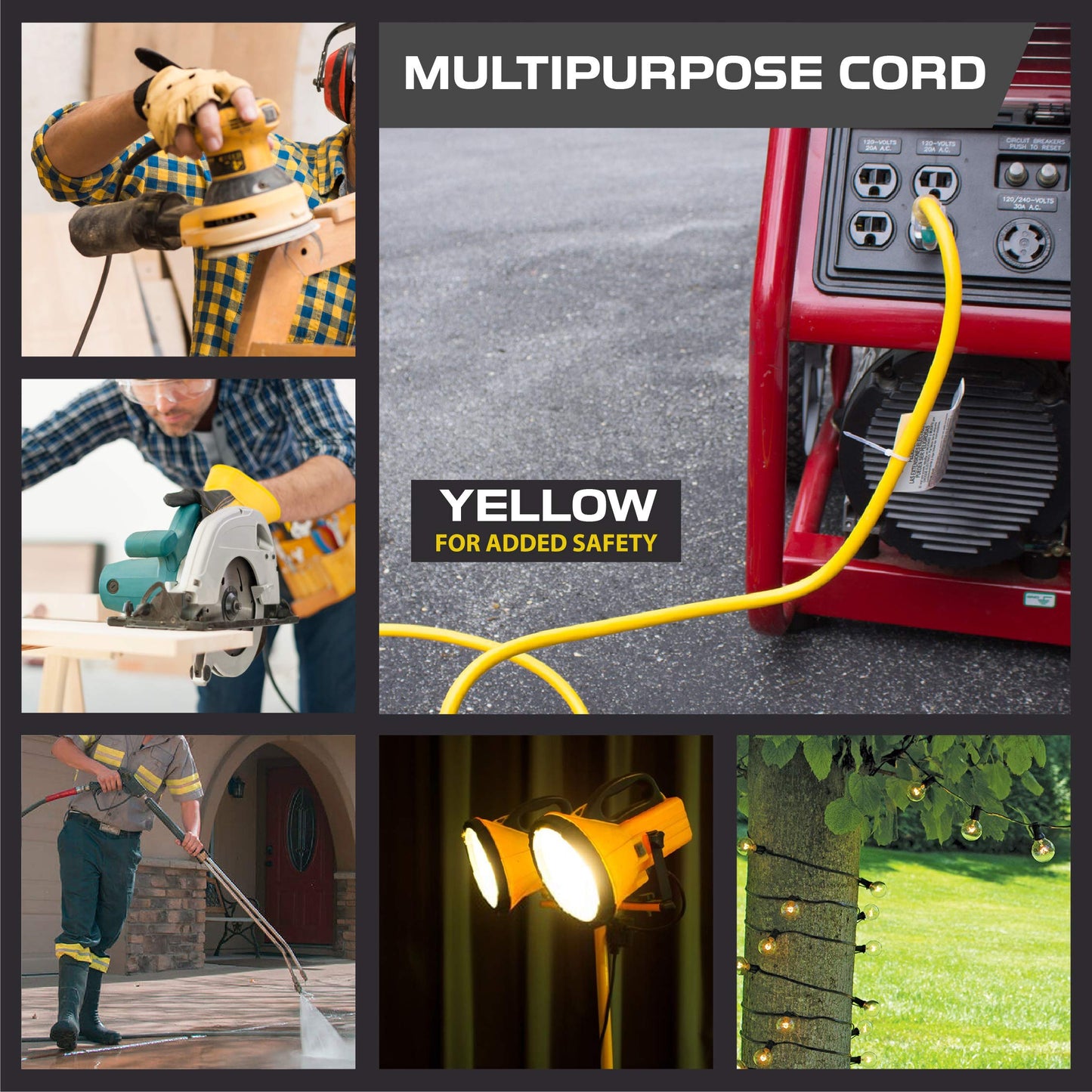 Iron Forge Cable 10 AWG Extension Cord 50 ft with Heavy Duty Extension Cord Reel Metal Stand, Holds Up to 100 ft of Extension Cord - 3 Prong Yellow with Lighted Ends SJTW