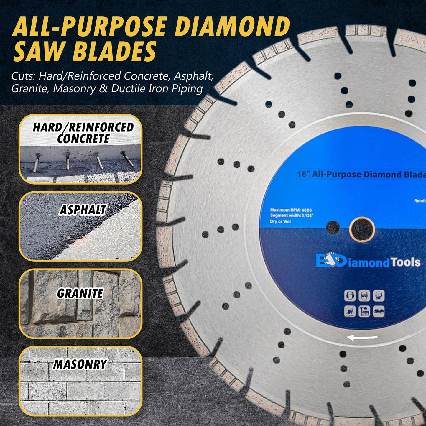 16" All Purpose Diamond Saw Blades for Hard/Reinforced Concrete, Asphalt, Granite, Terrazzo, Ductile Iron Piping, 5-5/8" Cutting Depth, 1" Arbor