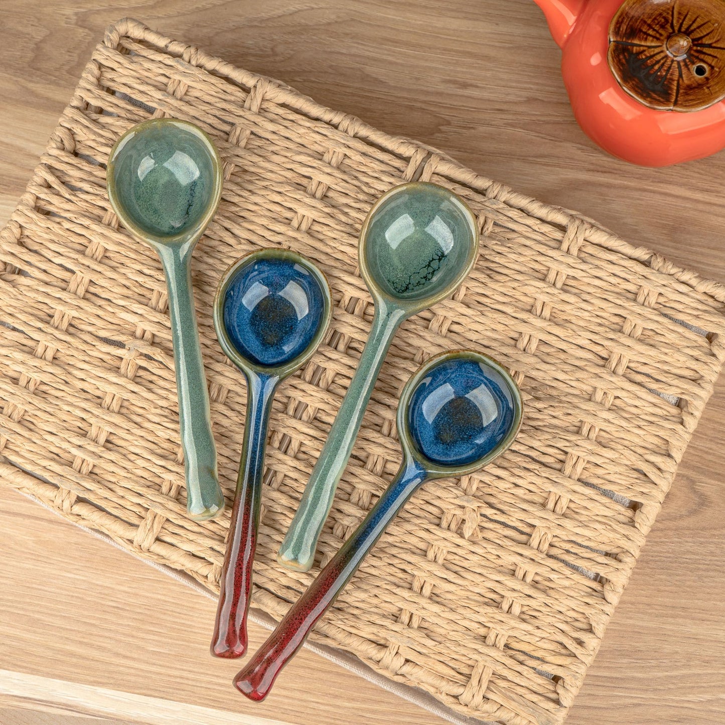 JANKOW 4 Pack Japanese Ceramic Soup Spoons - Hand-Painted Retro Porcelain Spoons with Long Handle - Asian Soup Spoon Set for Ramen, Pho, Wonton, Miso Soup, Dumplings - 6.6 Inch