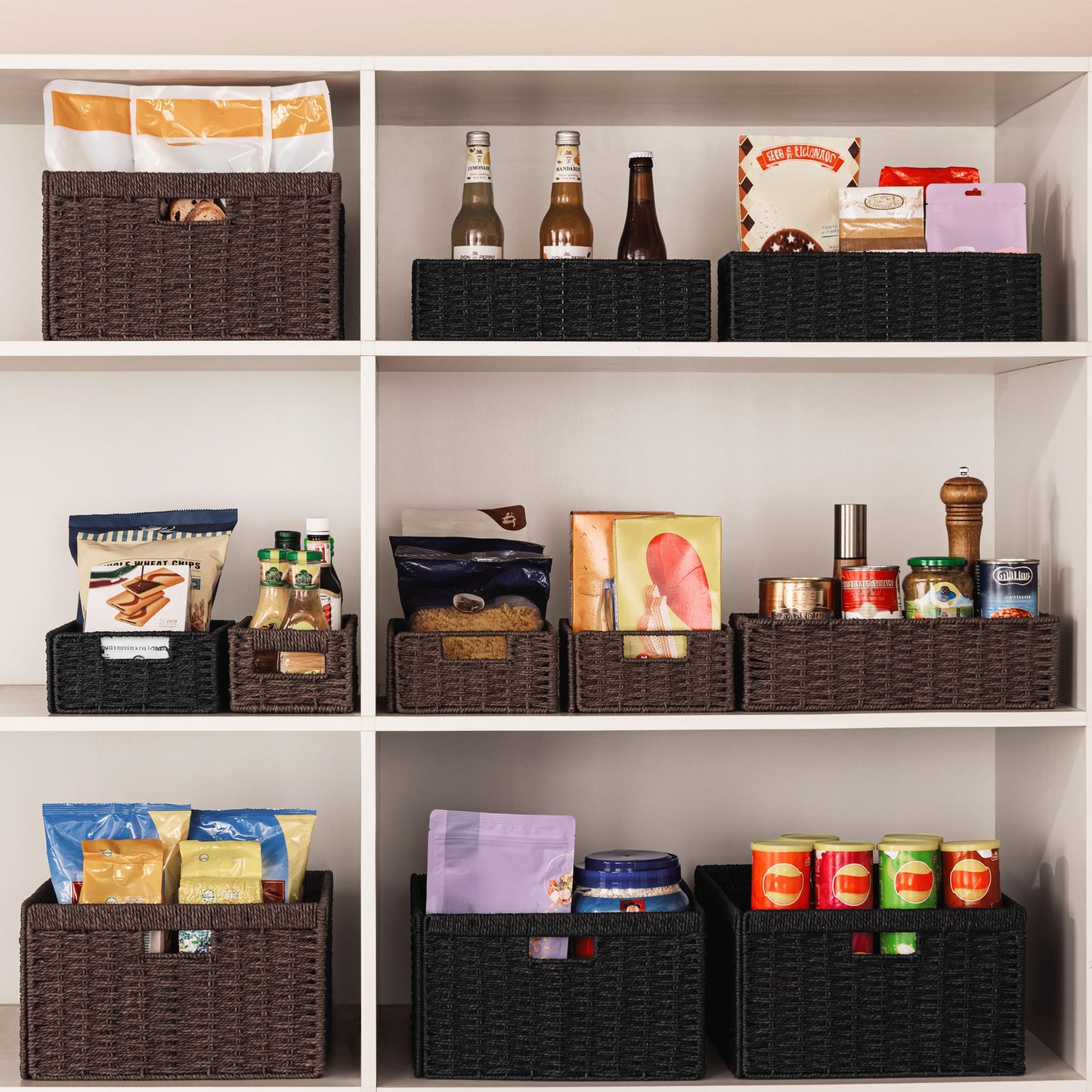 UBBCARE 2 Pack Wicker Basket, 13.4L×8.3H×7.1W inch Woven Paper Rope Storage Baskets for shelves, Foldable Rectangular Storage Baskets with Handle, Storage Basket for Organizing, （Black,2pack Medium）