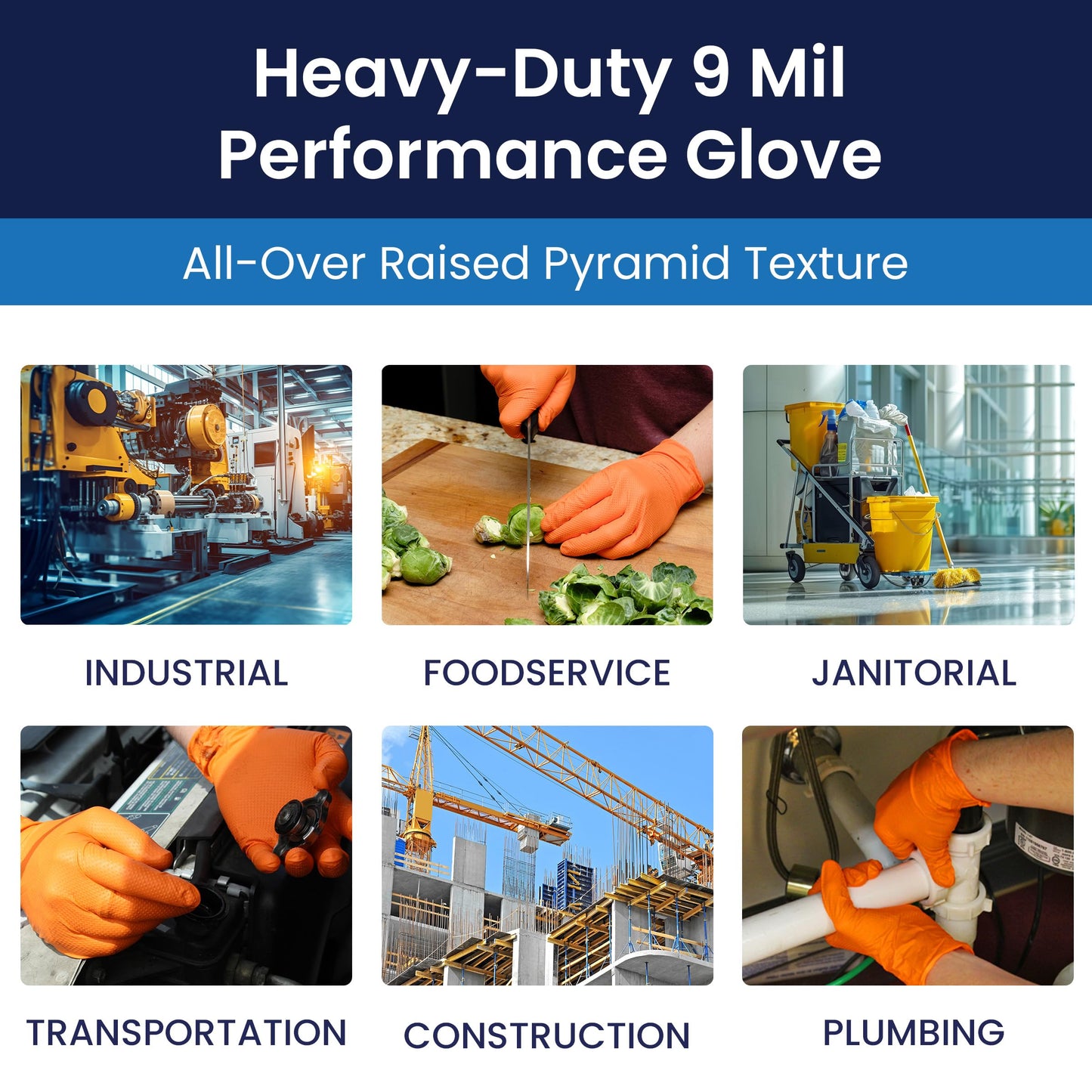 Adenna ProWorks CATCH Disposable Nitrile Gloves – 9 Mil, Heavy Duty Work Rubber Glove with Raised Pyramid Grip, Non–Latex & Powder Free, Case of 900, X–Large, Orange